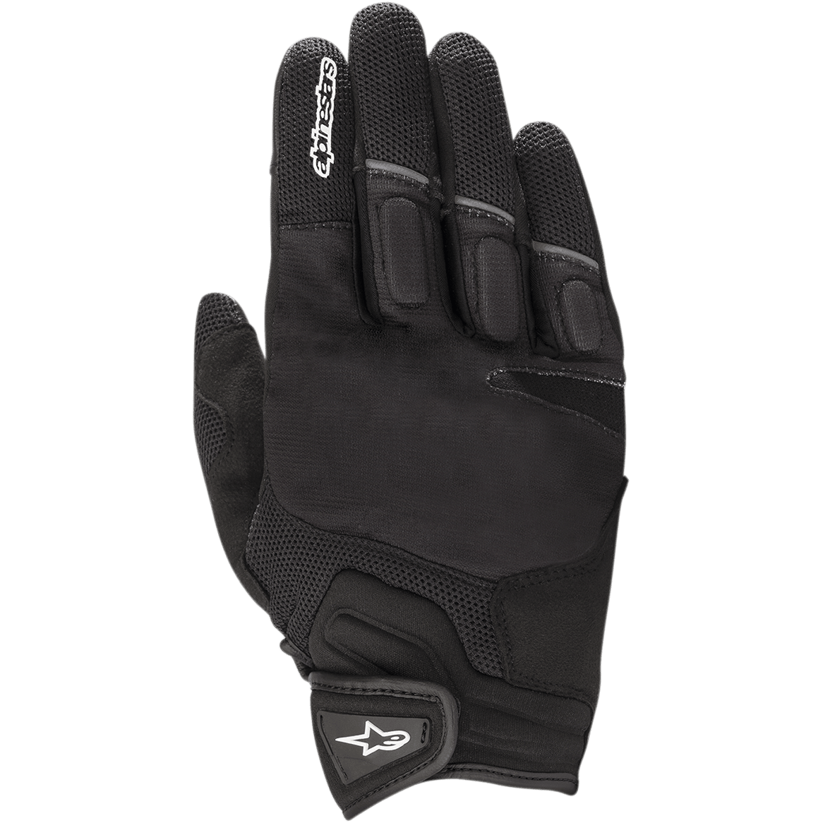 Alpinestars Atom Gloves, Motorcycle Riding Gloves, Black, featuring mesh panels for breathability, stretch fabric construction, padded knuckle protection, and a hook-and-loop wrist strap with a white star logo