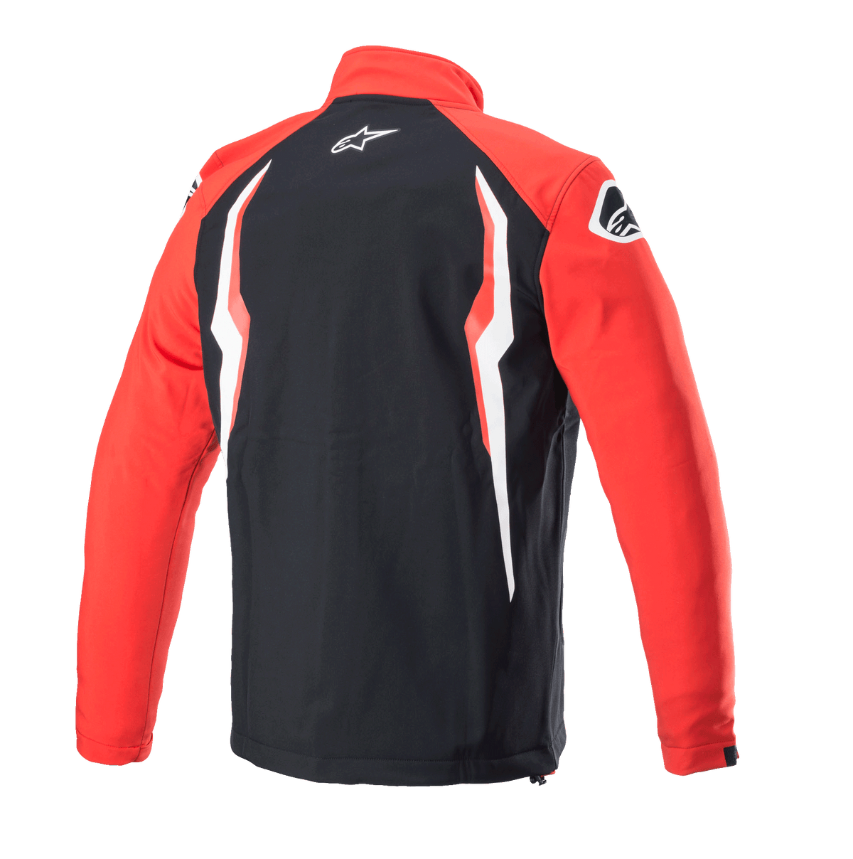 Alpinestars Honda Softshell Jacket, Red and Black, back view with black central panel and red sleeves, featuring white and red contrast graphics, Alpinestars logo on the neck and shoulder, sporty motorsport-inspired softshell design