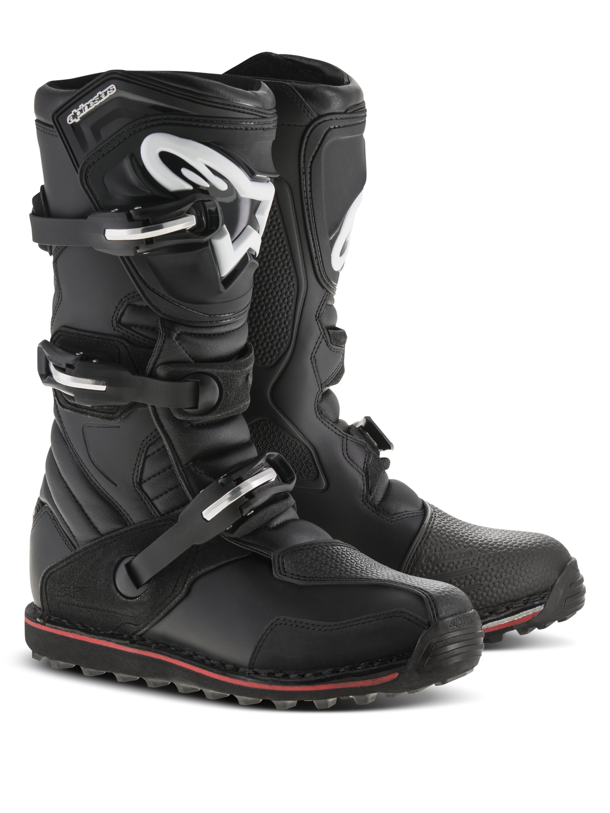 Alpinestars Tech-T Boots, Trials Motorcycle Boots, Black with Red and White accents, features three buckle closure system, ergonomic shin plate with white Astars logo, thin red stripe along the sole, durable leather construction for trials and off-road riding