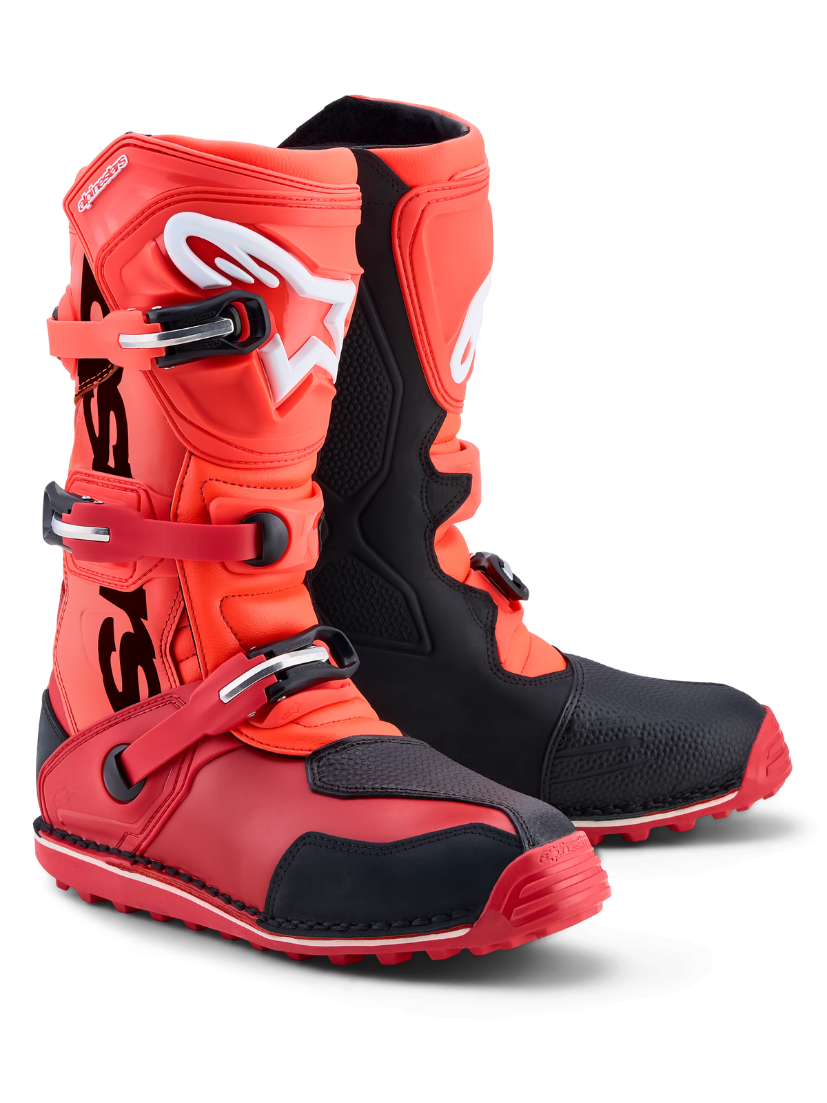 Alpinestars Buty Tech-T, buty motocyklowe trialowe, jaskrawoczerwone i czarne, certyfikat CE, skóra i ochrona goleni TPU.