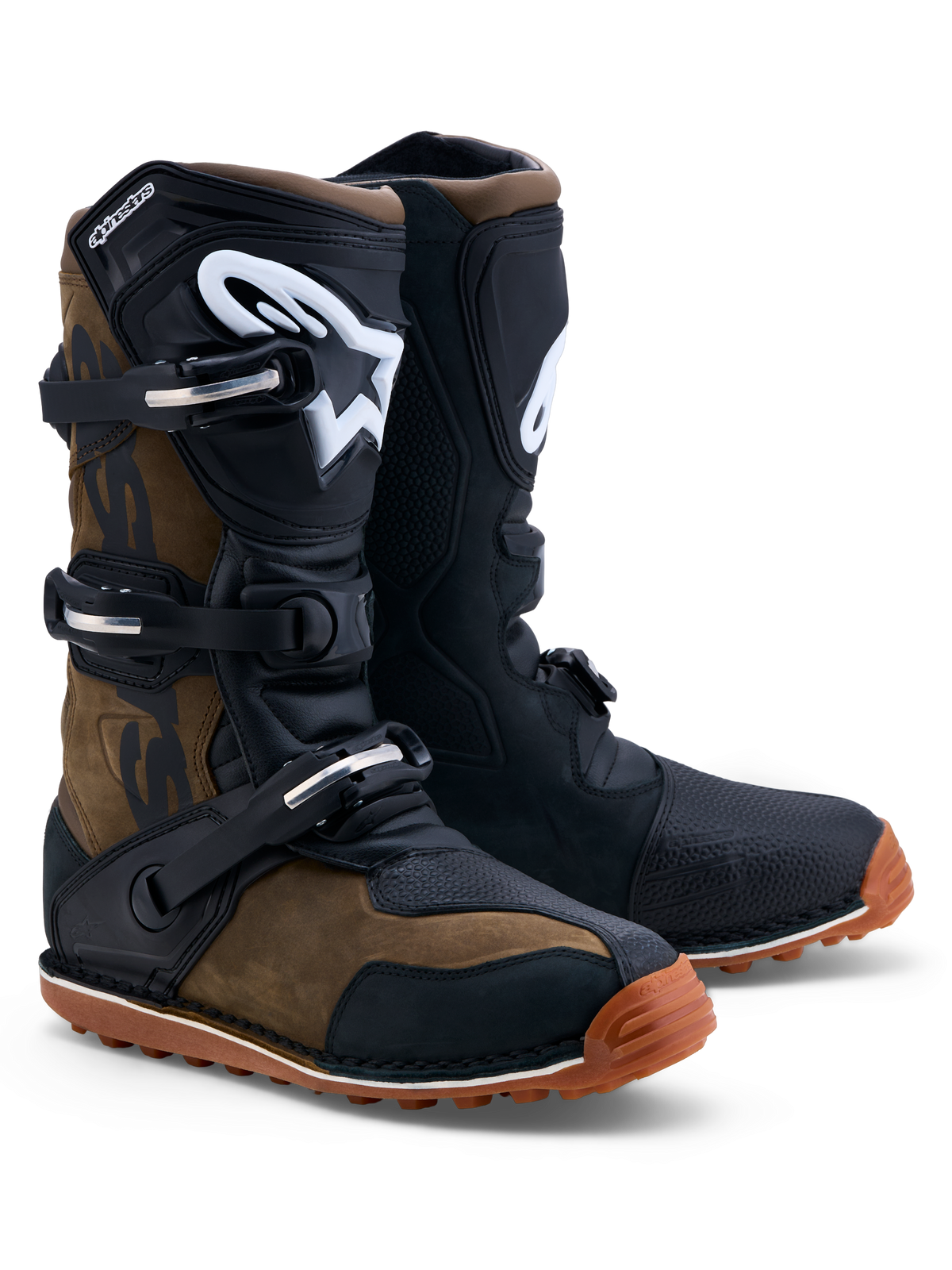 Alpinestars Tech-T, skórzane buty motocyklowe trialowe, brązowe i czarne, z ergonomiczną osłoną goleni TPU.