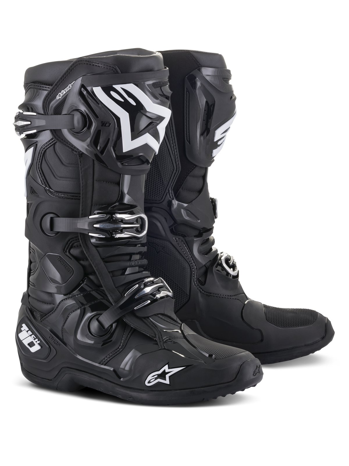 Alpinestars Tech 10 Boots, buty motocrossowe, czarne z białymi logo Alpinestars, potrójny system zamykania na klamry, wytrzymała skorupa TPU ze wzmocnioną ochroną kostki, smukły design do profesjonalnych wyścigów terenowych