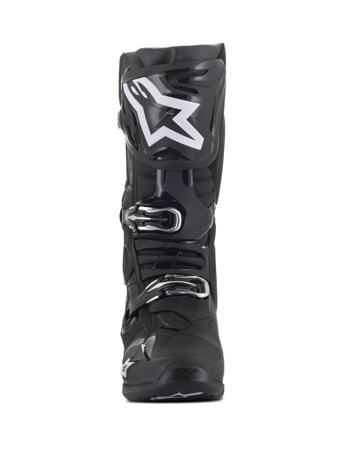 Alpinestars Tech 10 Boots, buty motocrossowe, czarne z dużym białym logo gwiazdy na goleniu, widok z przodu, srebrne klamry, zaawansowana konstrukcja skorupy TPU dla ochrony w terenie