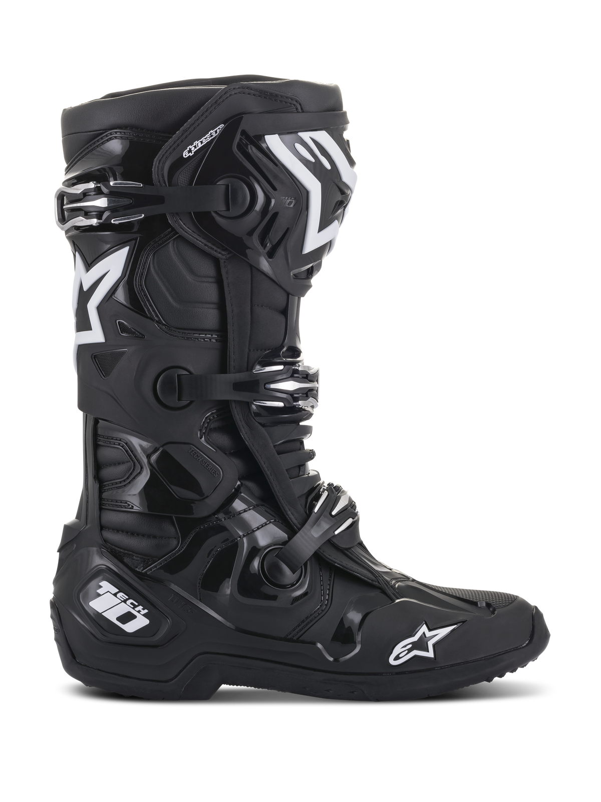 Buty Alpinestars Tech 10, buty motocrossowe, czarne, widok z profilu z białymi logotypami gwiazdy Alpinestars i oznaczeniem Tech 10, potrójny system klamer, wytrzymała skorupa TPU i konstrukcja z mikrofibry do profesjonalnych wyścigów terenowych