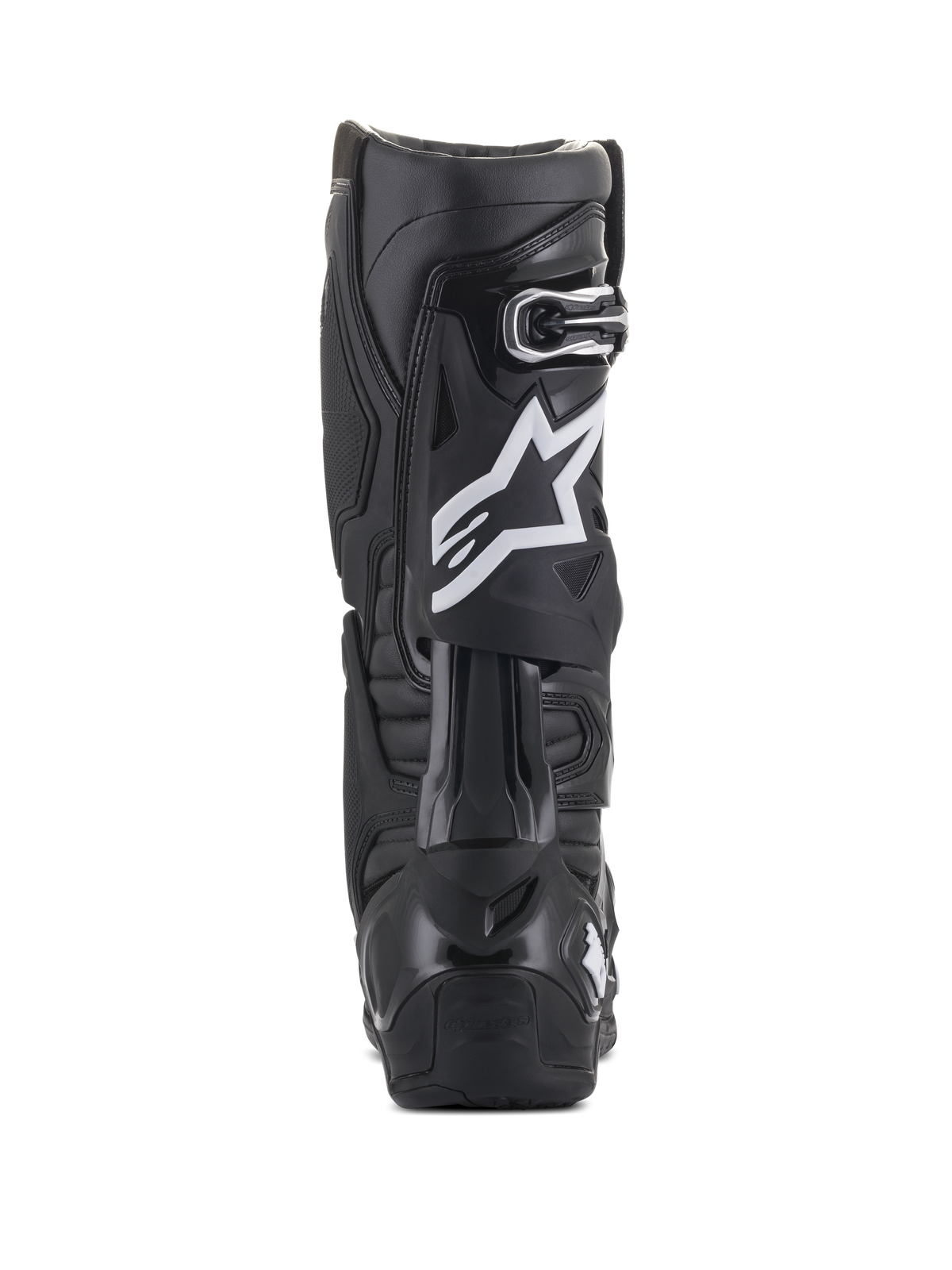 Buty Alpinestars Tech 10, czarne, widok z tyłu z białym logo gwiazdy na łydce, wytrzymała skorupa TPU i konstrukcja z mikrofibry, przeznaczone do wyczynowego motocrossu i jazdy terenowej