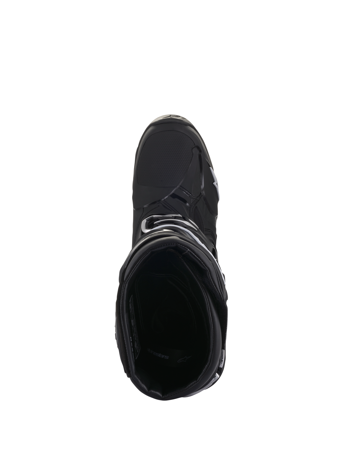 Buty Alpinestars Tech 10, buty motocrossowe, czarne, widok z góry ukazujący wewnętrzną wyściółkę i opływową skorupę zewnętrzną, wysokowydajna konstrukcja do wyścigów terenowych