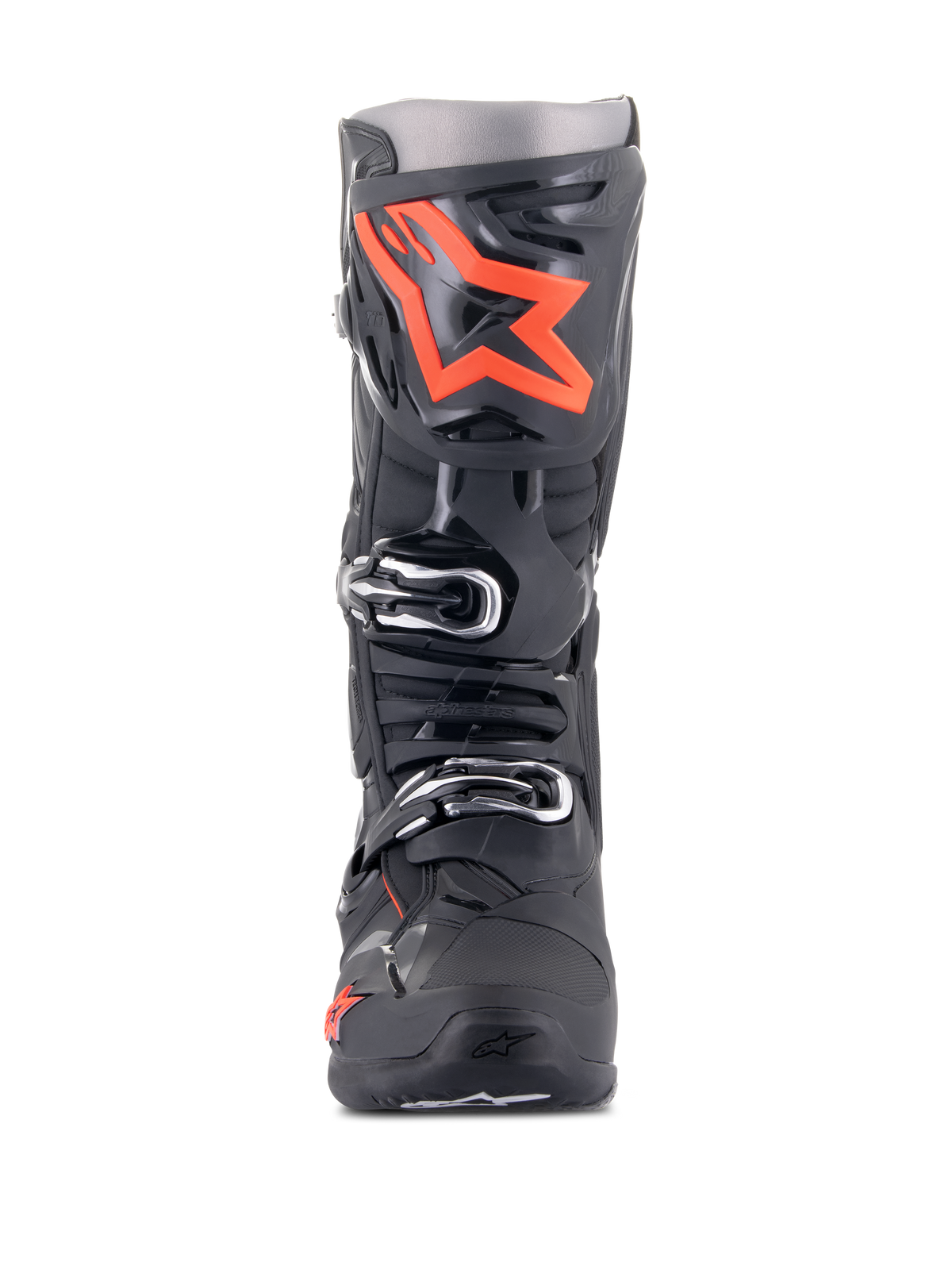 Alpinestars Tech 10 Boots, Motocross Boots, Black and Red Fluo, front view, featuring a large fluorescent red star logo on the shin plate, silver buckles, and a durable black TPU chassis.