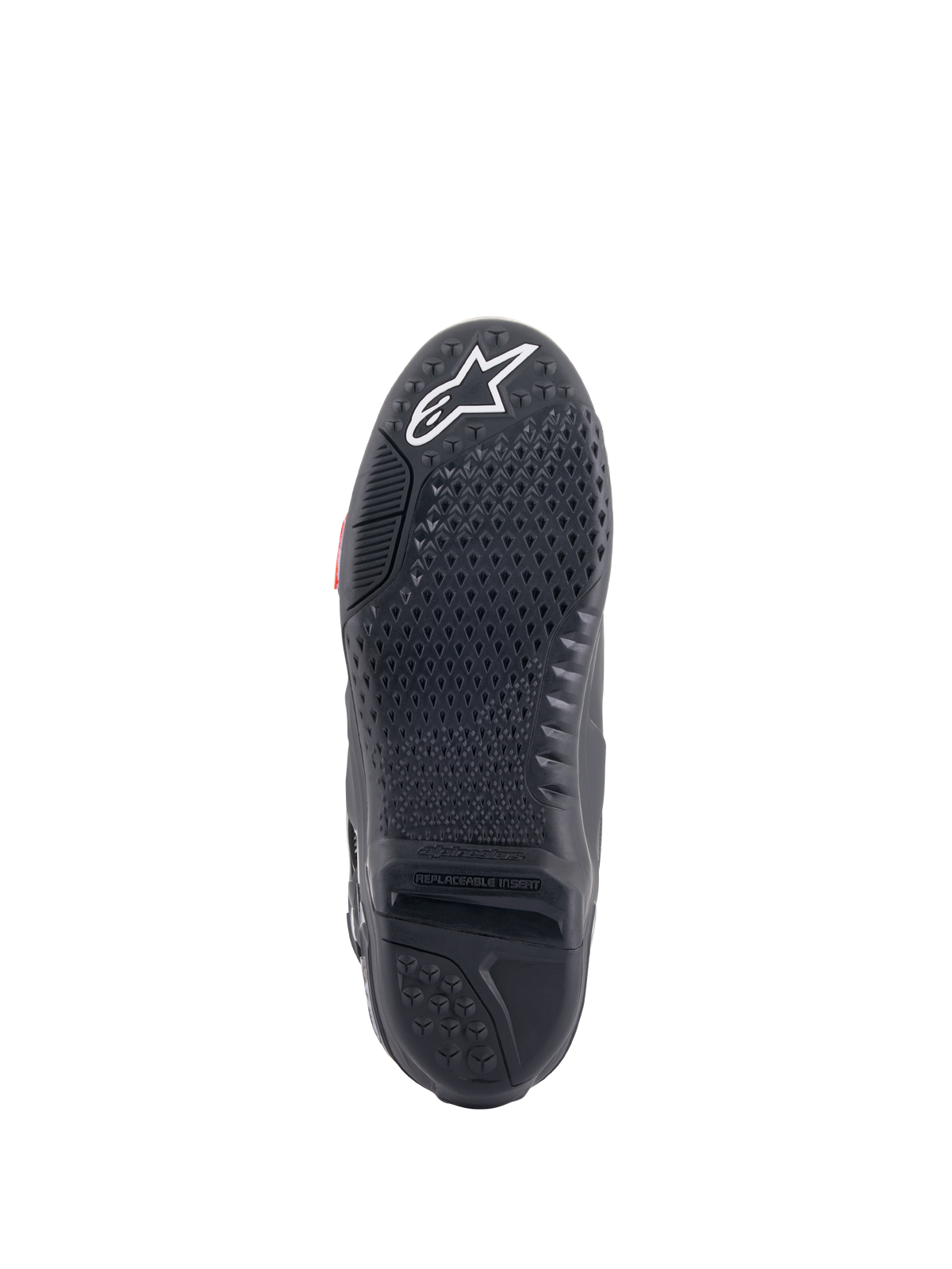 Alpinestars Tech 10 Boots, buty motocrossowe, czarne, widok podeszwy od spodu z teksturowanym wzorem bieżnika, białe logo gwiazdy na czubku i wymienna środkowa wkładka podeszwy dla wydajności off-road.
