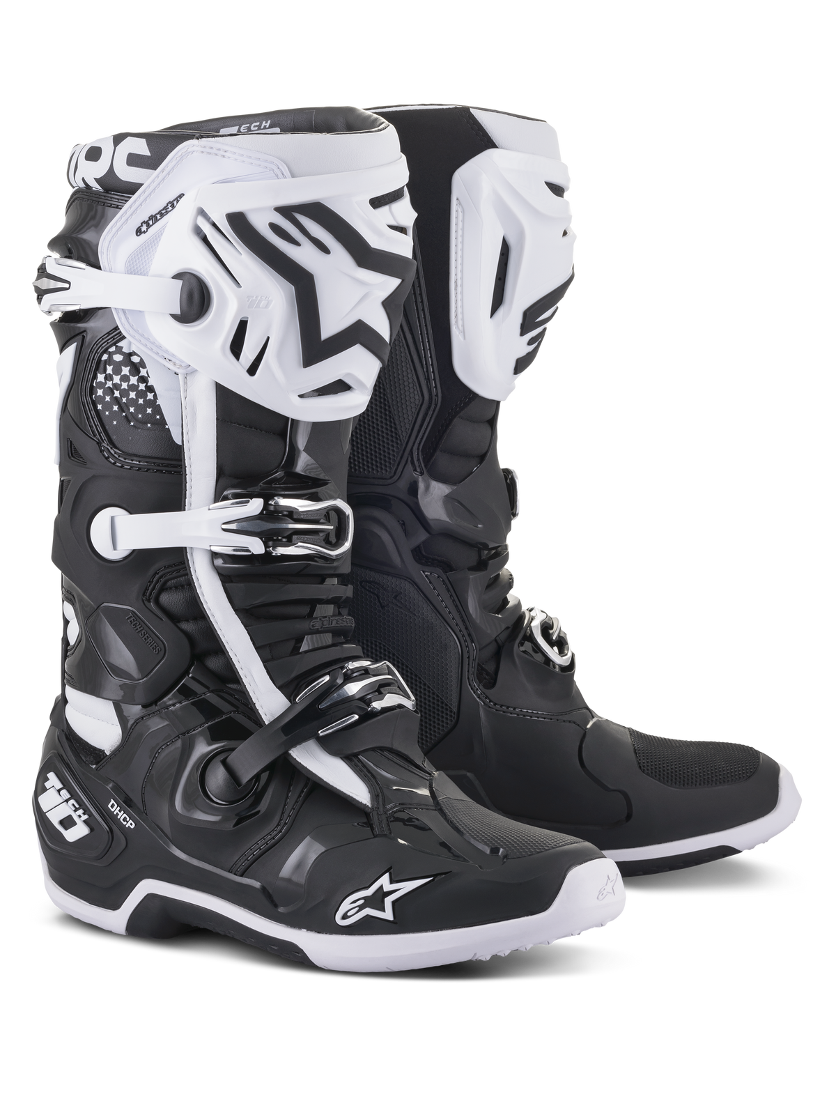 Alpinestars Tech 10, buty motocrossowe, czarno-białe, wysokowydajna konstrukcja ochronna z białymi ochraniaczami goleni, czarnymi logo gwiazdy, regulowanymi klamrami i ochroną pięty DHCP, wytrzymałe teksturowane podeszwy do jazdy w terenie