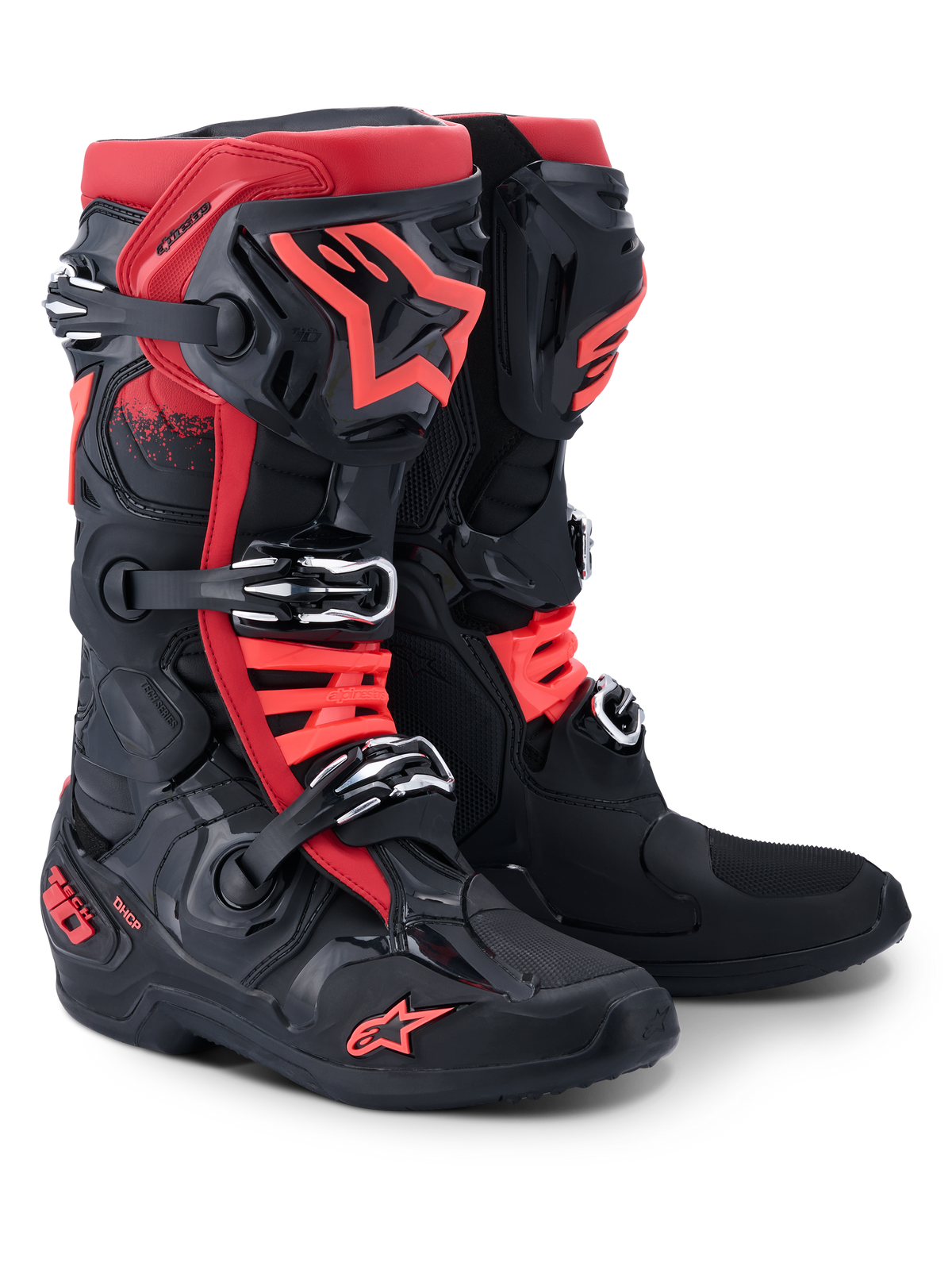Alpinestars Tech 10 Boots, Motocross Boots, Black and Red, featuring a triple buckle closure system, red Alpinestars star logo on the shin and toe, DHCP branding on the heel, professional-grade protective design for off-road racing