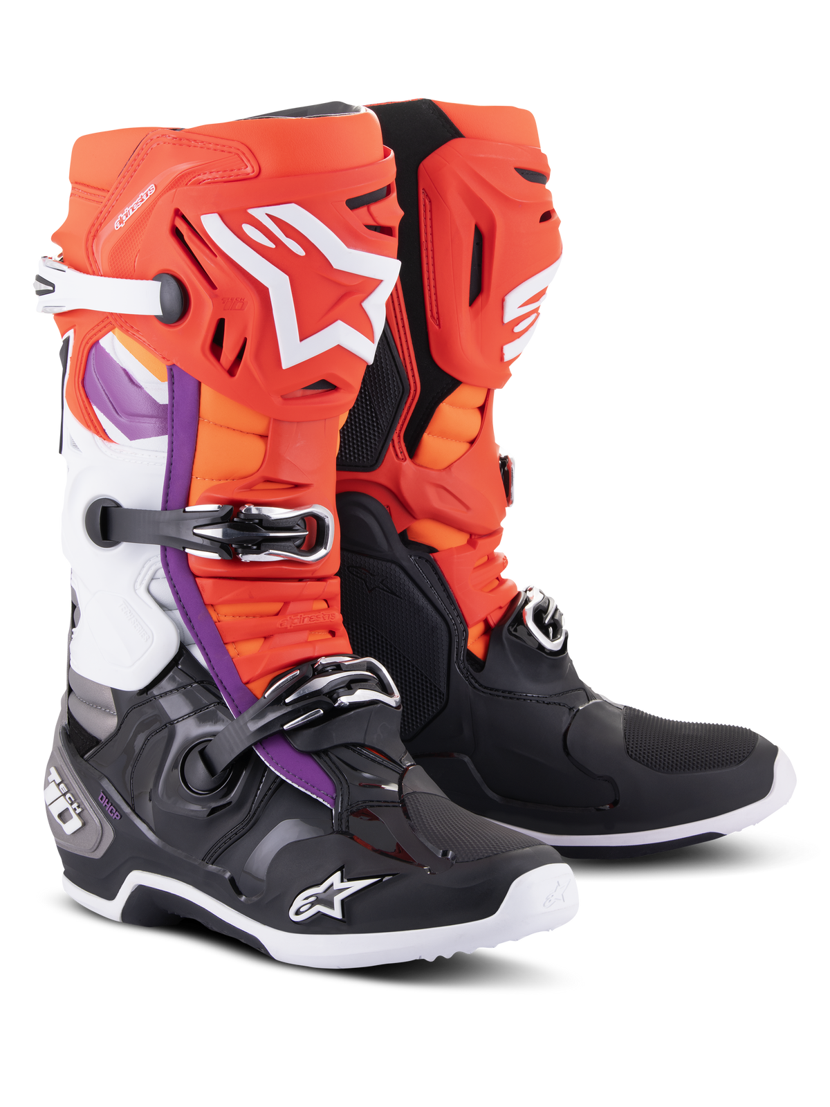 Alpinestars Tech 10 Boots, Motocross Boots, Black and Fluo Orange with Red and Purple accents, featuring a triple buckle closure system, white Alpinestars logos on the shin and toe, and a durable TPU shell for off-road racing performance