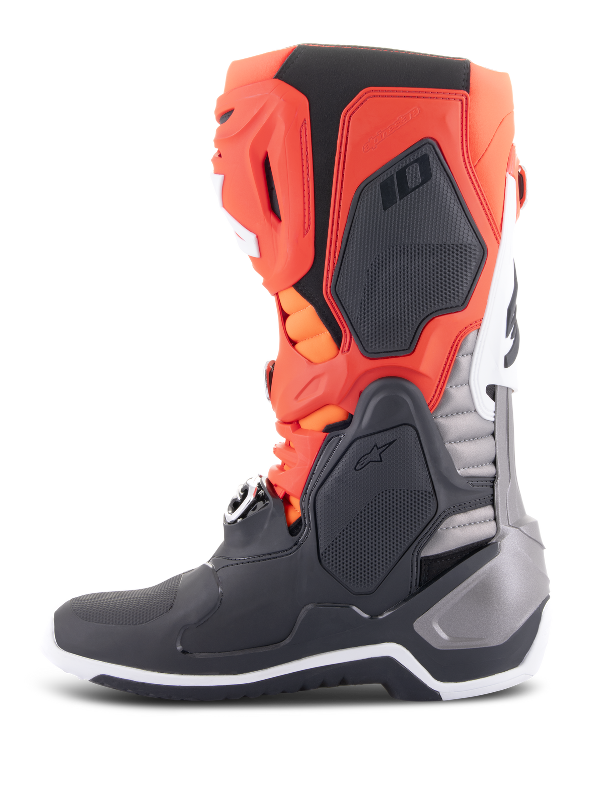 Alpinestars Tech 10 Boots, Motocross Boots, Black Red Fluo and Orange Fluo with White accents, side view showcasing the advanced TPU chassis, buckle system, and ergonomic design for off-road performance.