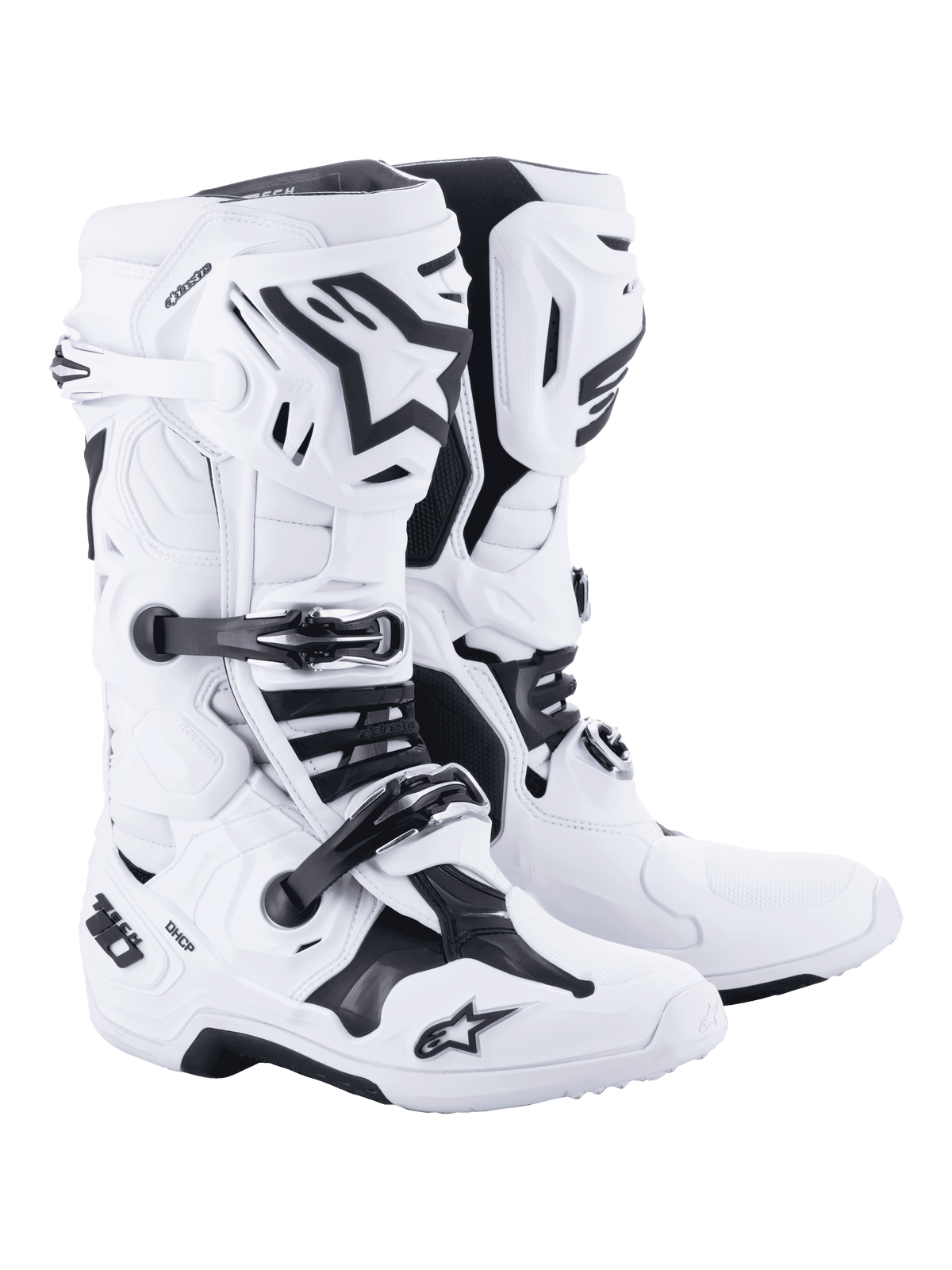 Buty motocrossowe Alpinestars Tech 10, białe z czarnymi akcentami, wytrzymała konstrukcja o wysokim kroju z potrójnym systemem klamer, ochrona skorupy TPU i zaawansowana kontrola zgięcia, profesjonalne obuwie wyścigowe off-road