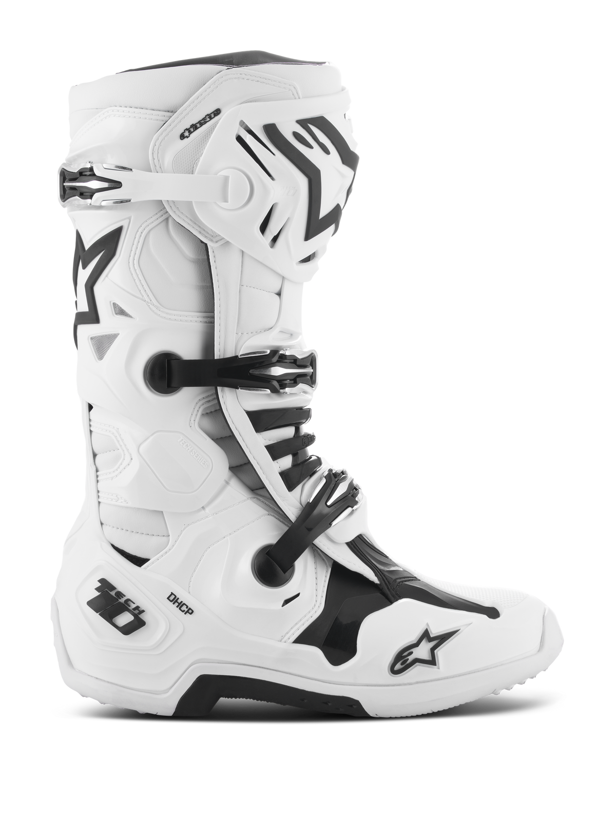 Buty Alpinestars Tech 10, buty do motocrossu, biało-czarne, potrójny system zamykania na klamry, wzmocniona skorupa TPU z logotypami „Tech 10” i „DHCP”, gruba, wytrzymała podeszwa, obuwie ochronne z certyfikatem CE do wyścigów terenowych
