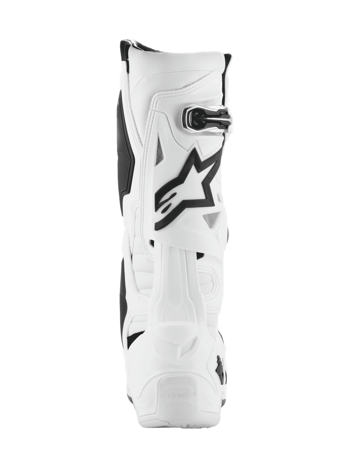 Buty Alpinestars Tech 10, buty motocrossowe, białe z czarnymi akcentami, widok z tyłu z czarnym logo Astar i zapięciem na klamrę, zaawansowana konstrukcja ochronna do wyścigów off-road