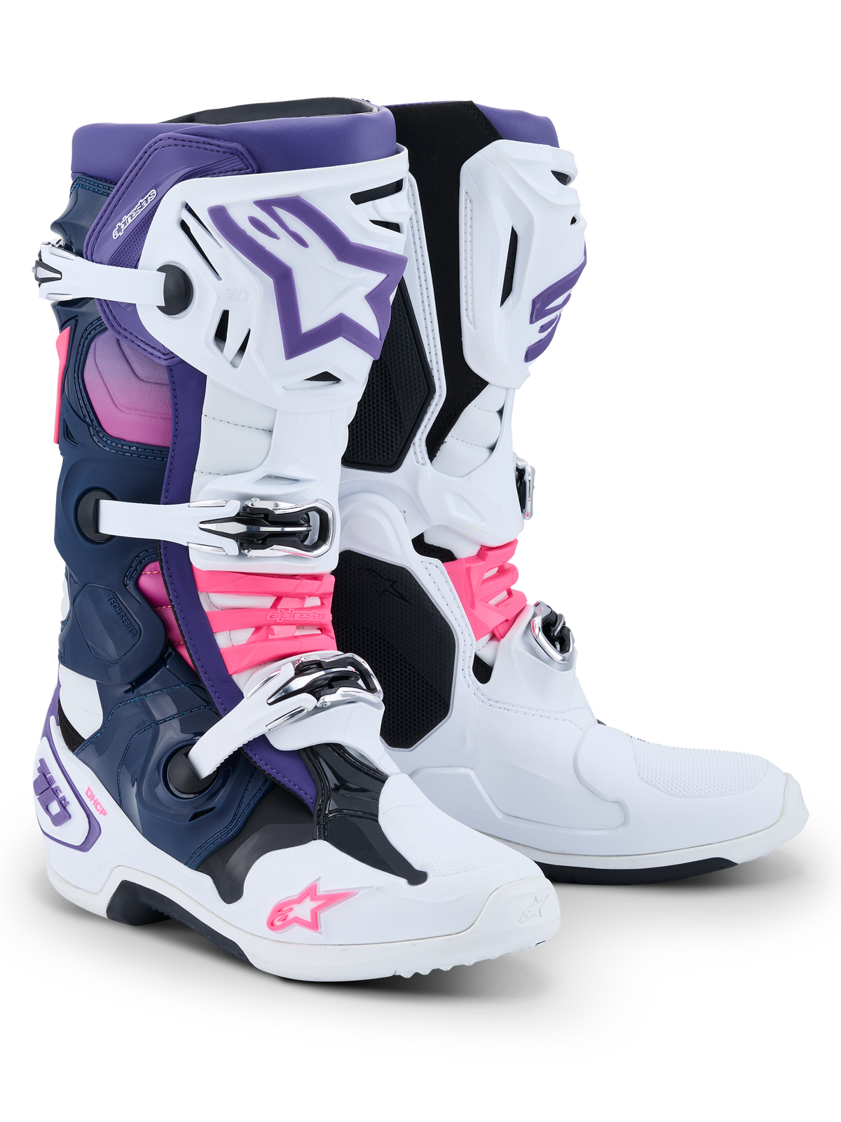 Buty Alpinestars Tech 10, buty motocrossowe, białe, fioletowe, granatowe i różowe fluo, wyposażone w system trzech klamer, granatowe i fioletowe panele oraz jaskraworóżowe akcenty na paskach i logo, profesjonalne obuwie do wyścigów terenowych.