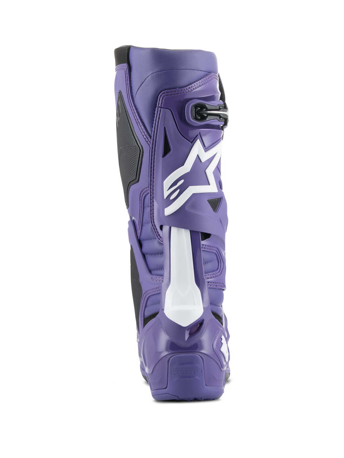 Alpinestars Tech 10 Motocross Boot, Ultraviolet and Black, rear view showing high-density TPU shell, white Astars logo on the calf, and reinforced heel for off-road racing