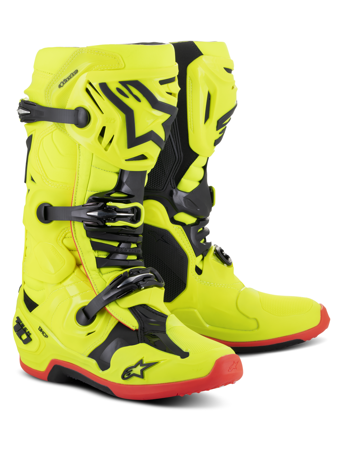 Buty Alpinestars Tech 10, buty motocrossowe, żółty fluo z czarnymi i czerwonymi akcentami fluo, potrójny system klamer, skorupa TPU z logo gwiazdy Alpinestars, czerwone podeszwy, profesjonalny sprzęt wyścigowy off-road