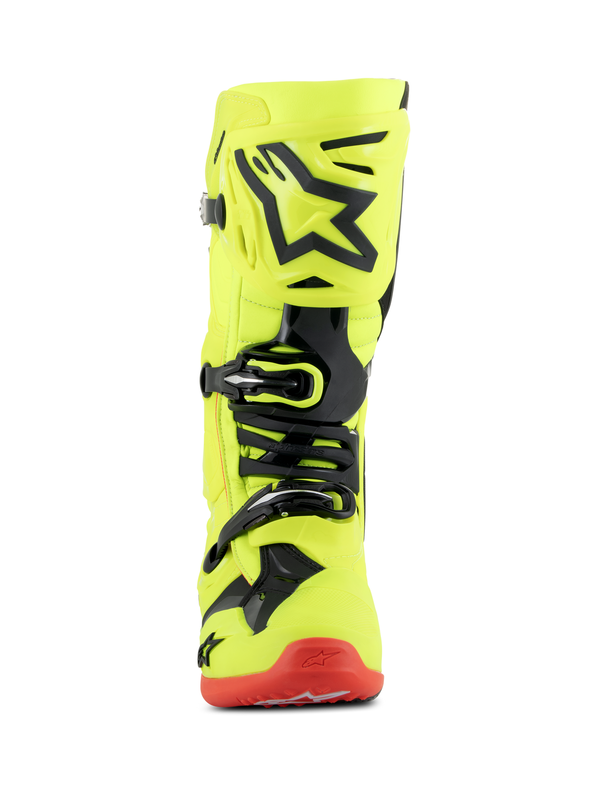 Buty Alpinestars Tech 10, buty motocrossowe, żółty fluo, czarny i czerwony fluo, widok z przodu, jaskrawożółta fluorescencyjna konstrukcja z czarnymi akcentami TPU i systemem klamer, czerwona podeszwa, zaawansowane obuwie do wyścigów terenowych