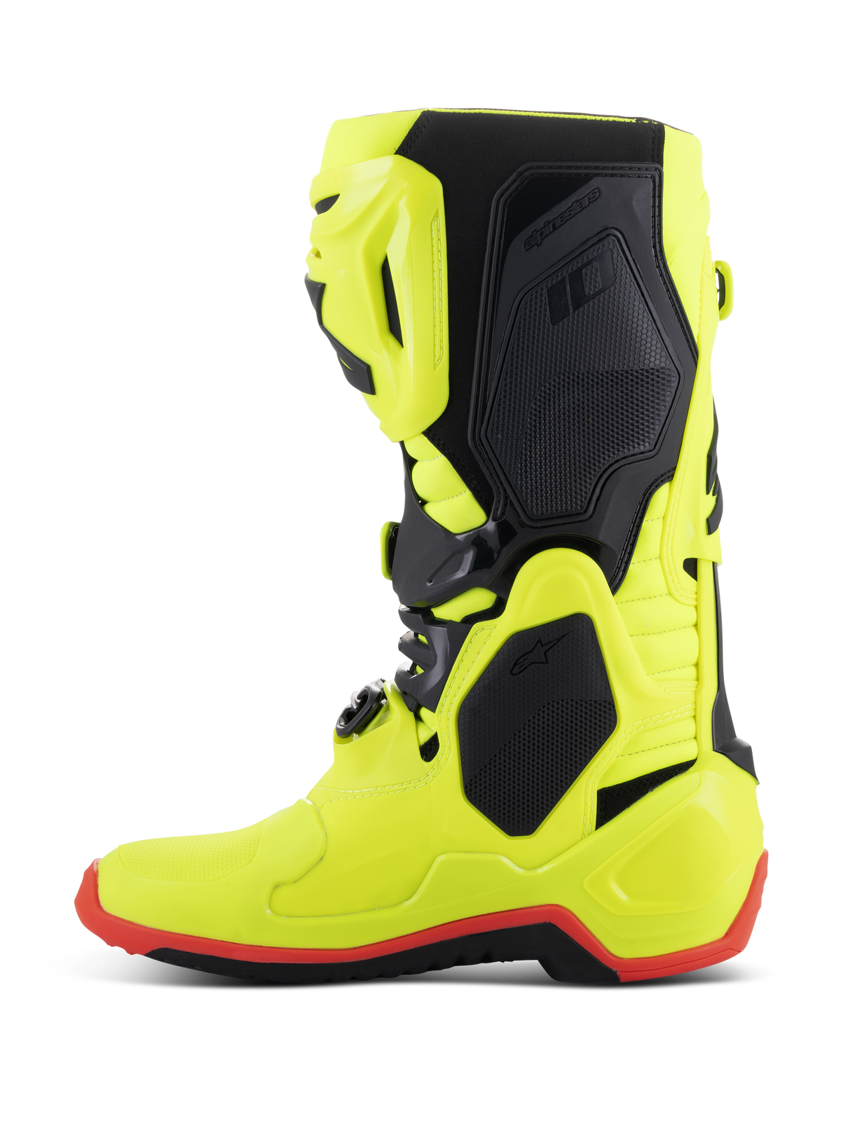 Buty Alpinestars Tech 10, buty motocrossowe, żółte fluo, czarne i czerwone fluo, profil boczny, jaskrawa neonowożółta konstrukcja z czarnymi panelami ochronnymi i czerwonymi detalami podeszwy, profesjonalny sprzęt do wyścigów terenowych