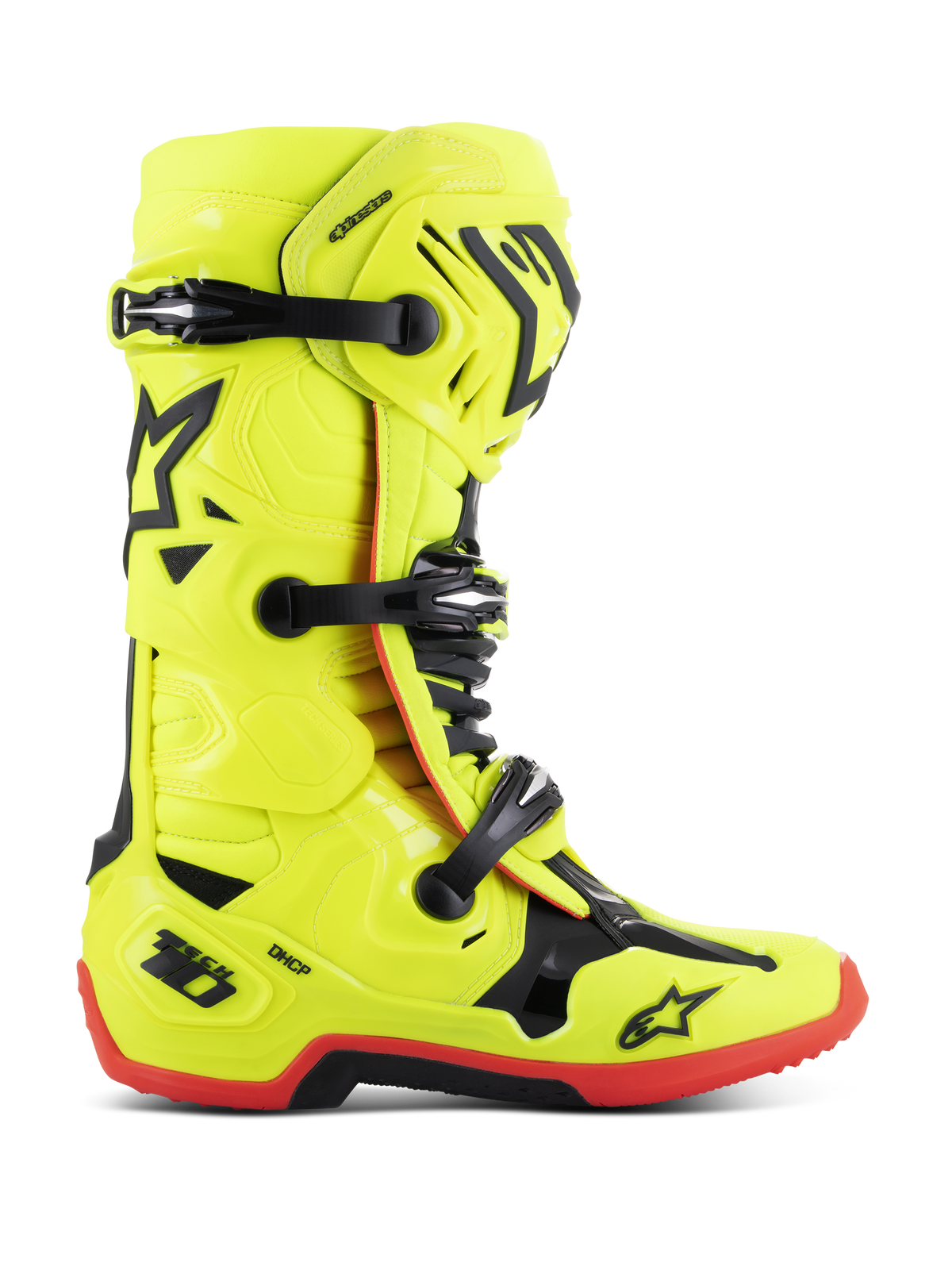 Alpinestars Tech 10, buty motocrossowe, żółte fluo z czarnymi i czerwonymi akcentami, widok z profilu bocznego, potrójne zapięcie na klamry, wzmocniony ochraniacz goleni, czerwona podeszwa o wysokiej przyczepności, ochrona pięty DHCP, profesjonalny sprzęt motocyklowy off-road