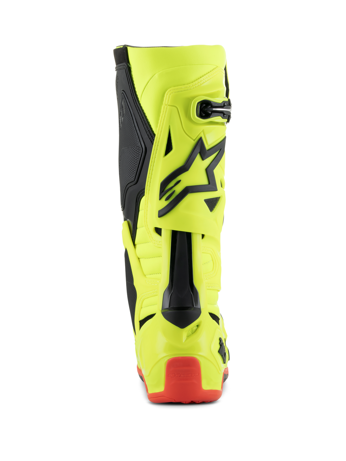Buty Alpinestars Tech 10, buty motocrossowe, żółty fluo czarny czerwony fluo, widok z tyłu przedstawiający fluorescencyjną żółtą konstrukcję z czarnymi akcentami i czerwonym ochraniaczem pięty, profesjonalne obuwie do jazdy terenowej