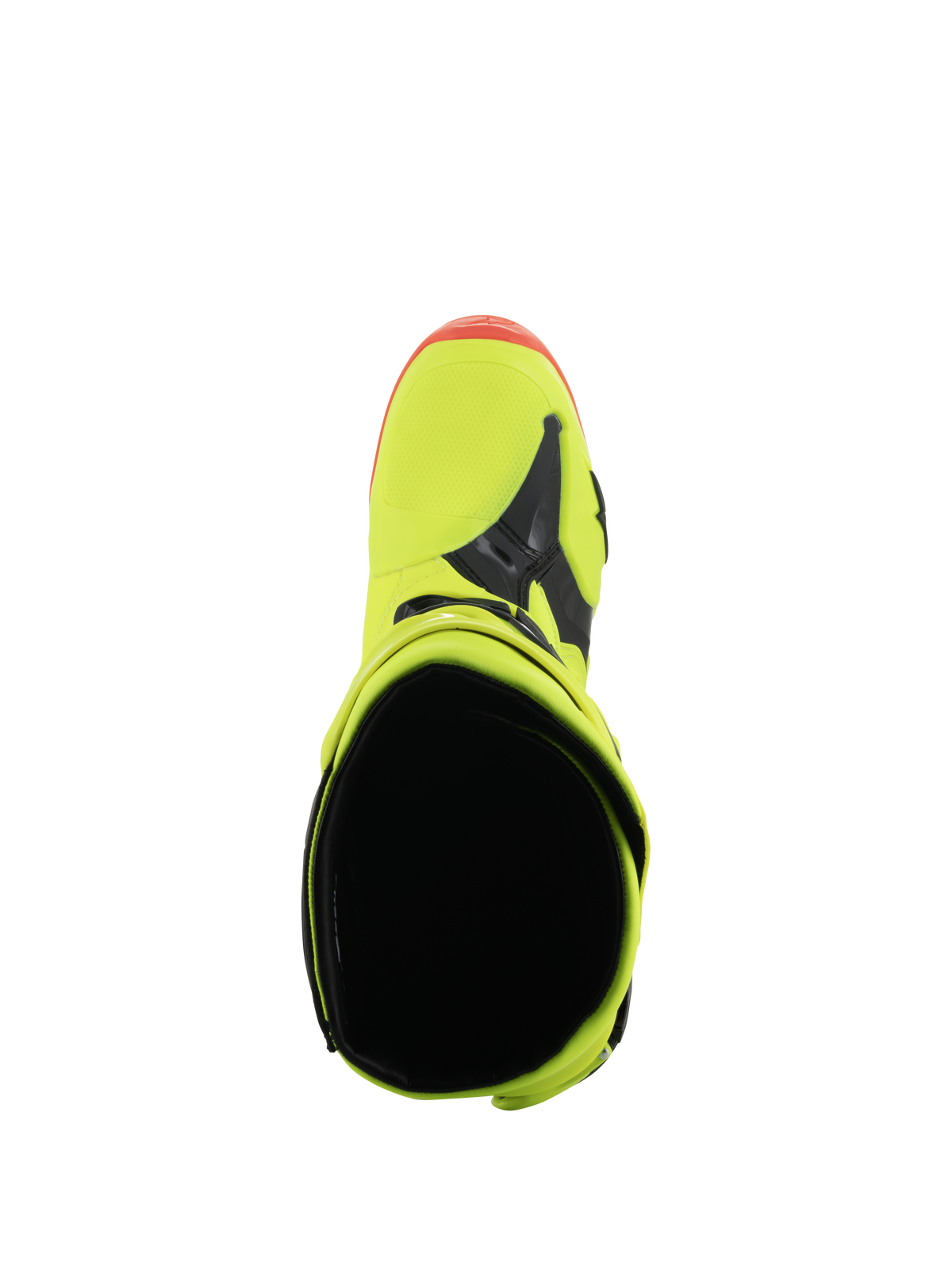 Buty Alpinestars Tech 10, buty motocrossowe, żółty fluo, czarny i czerwony fluo, widok z góry przedstawiający otwór wewnętrzny i nosek buta, żywe neonowe kolory z czarnymi akcentami, profesjonalne obuwie wyścigowe off-road