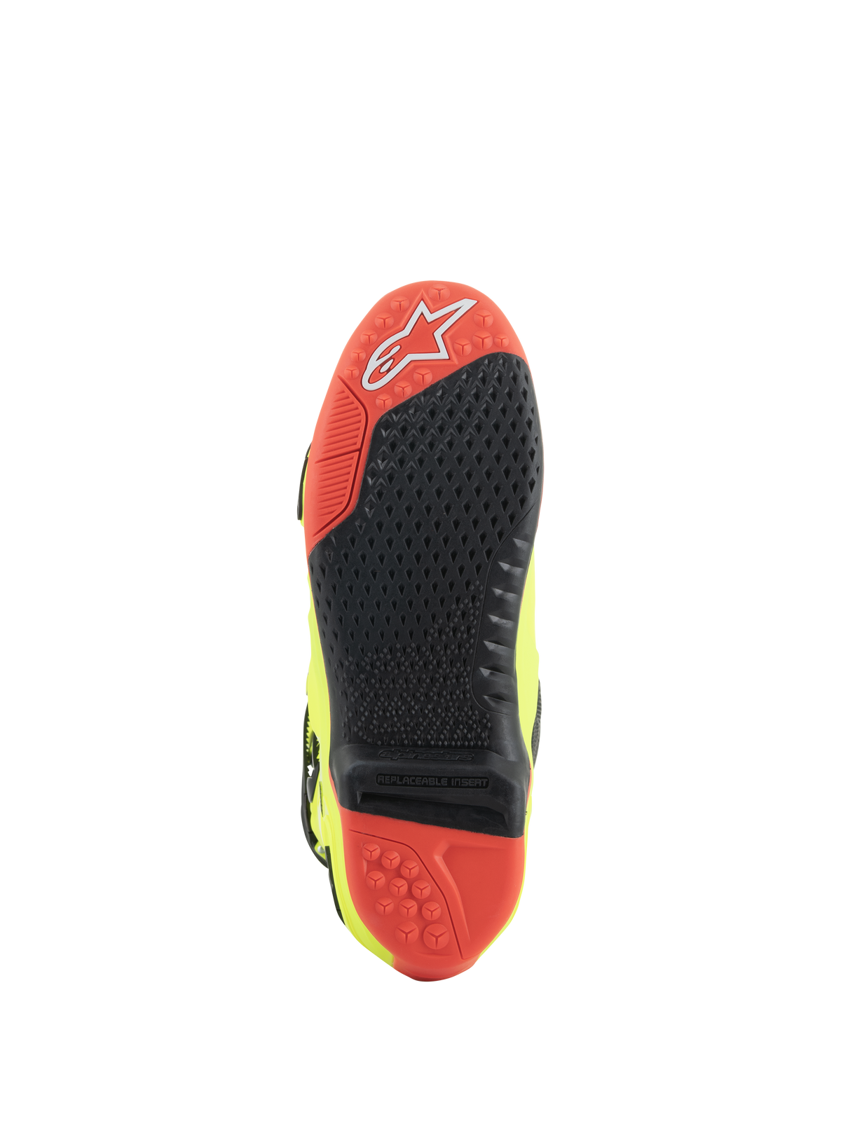 Buty Alpinestars Tech 10, buty motocrossowe, żółty fluo czarny czerwony fluo, widok podeszwy wykonanej z czerwono-czarnego dwuskładnikowego materiału, wymienna centralna wkładka zwiększająca przyczepność oraz wypustki trakcyjne zapewniające wydajność w terenie