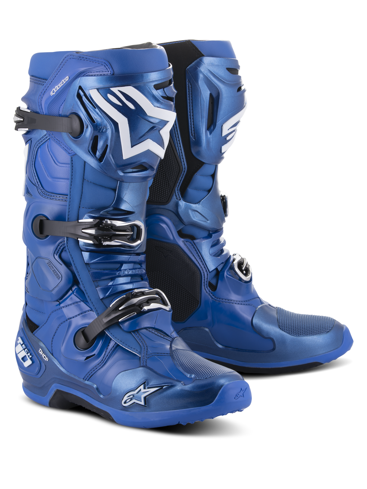Buty Alpinestars Tech 10, buty motocrossowe, niebiesko-czarne, wyposażone w system potrójnych klamer, białe logo gwiazdy Alpinestars na goleni, wytrzymała skorupa TPU i wzmocniona podeszwa zapewniająca wydajność w terenie