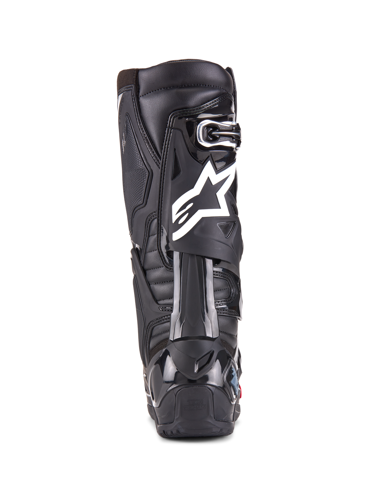 Buty Alpinestars Tech 10 Enduro, czarne, widok z tyłu pojedynczego buta, białe logo Alpinestars, wytrzymały ochraniacz pięty z TPU, solidna konstrukcja podeszwy enduro do wyścigów terenowych