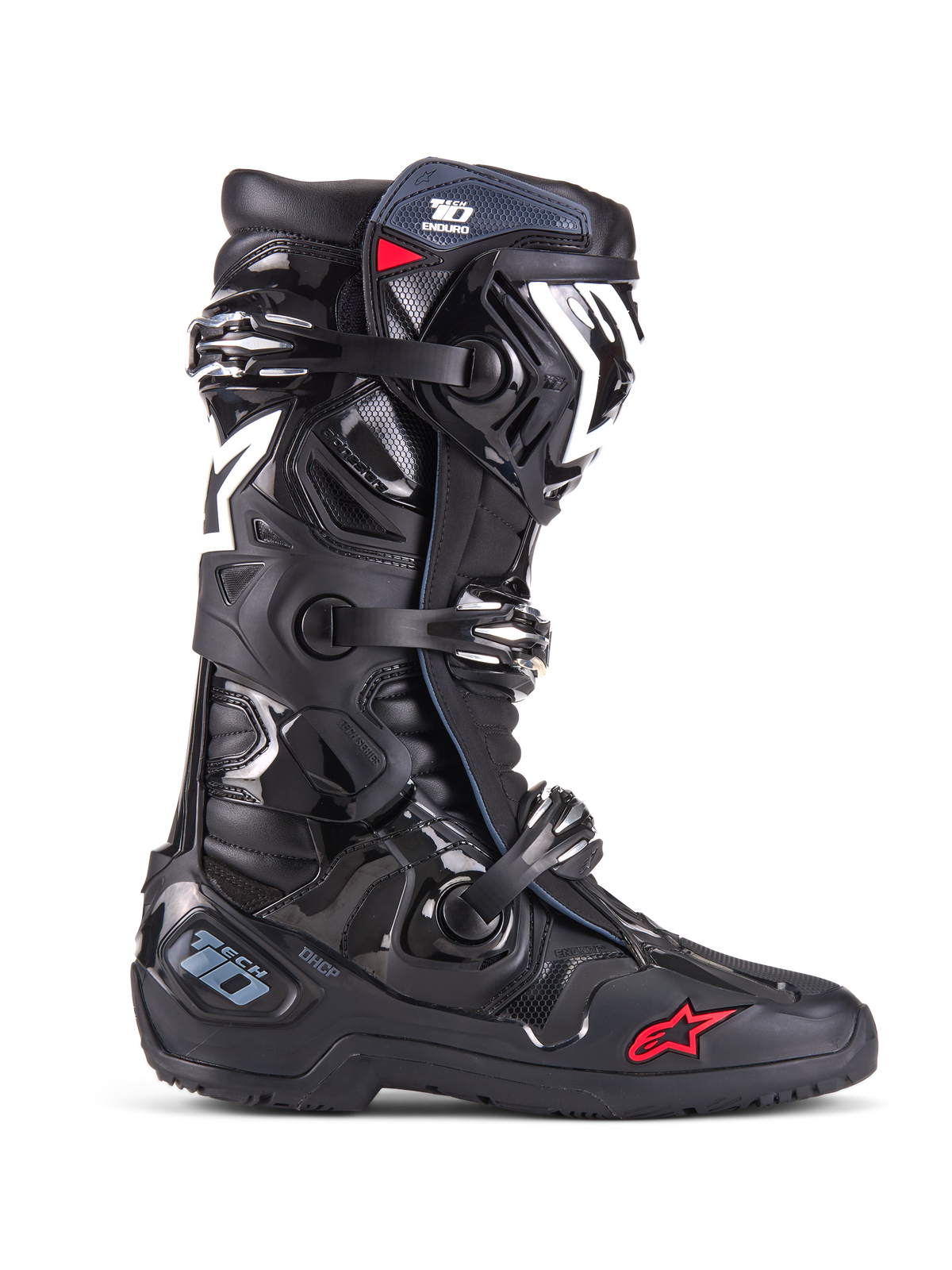 Alpinestars Tech 10 Enduro Boots, buty motocrossowe off-road, czarne z białymi i czerwonymi akcentami, system zapięcia na trzy klamry, ochronna osłona goleni TPU i osłona pięty, wytrzymała podeszwa enduro, kultowe logo z gwiazdą, najwyższej jakości ochrona wyścigowa
