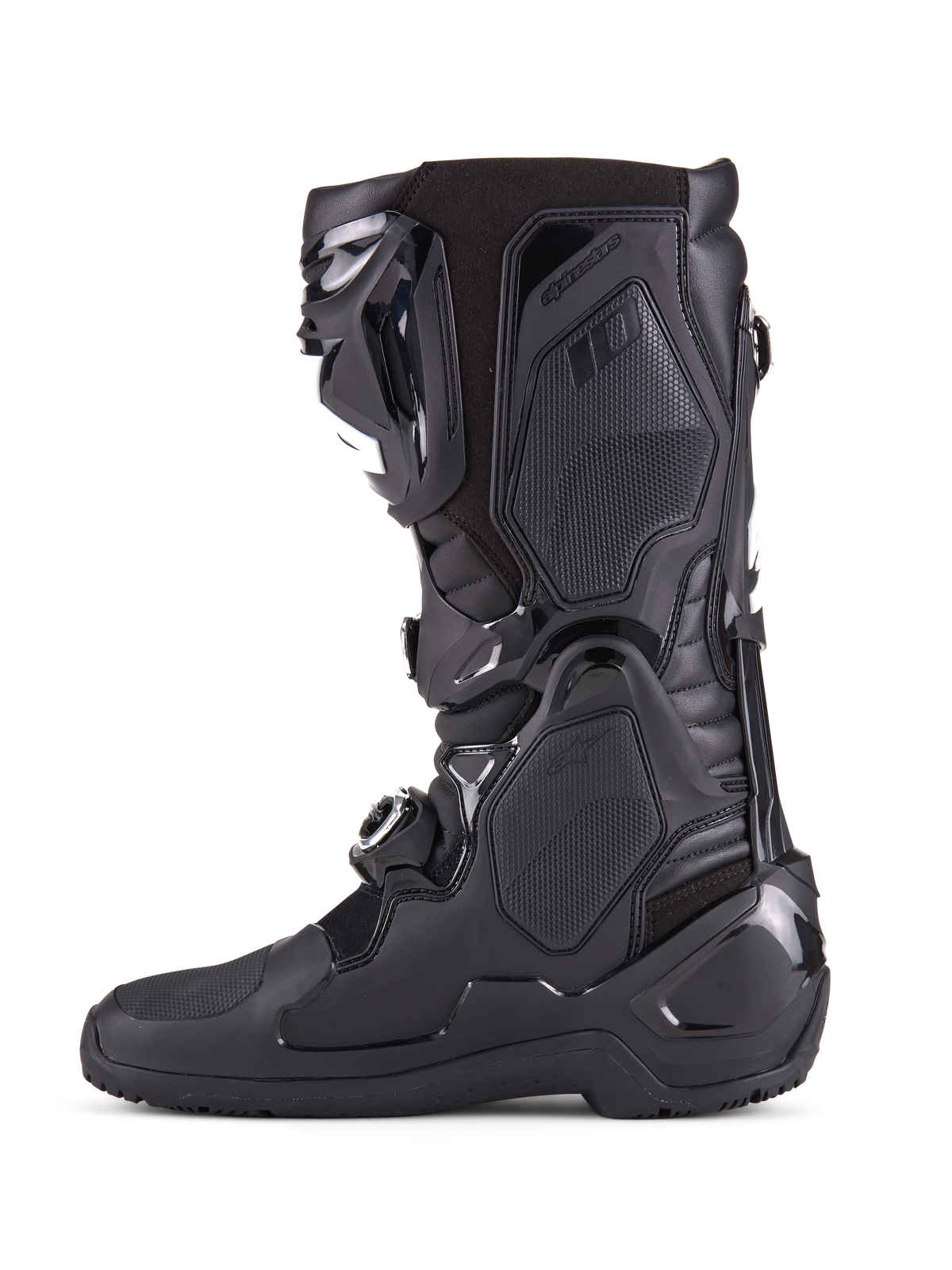 Alpinestars Tech 10 Enduro Boots, czarne, widok z profilu na wysokiej klasy buty motocrossowe, wytrzymałe panele ochronne TPU, potrójny system zapięcia na klamry, zaawansowana kontrola zgięcia do wyścigów off-road