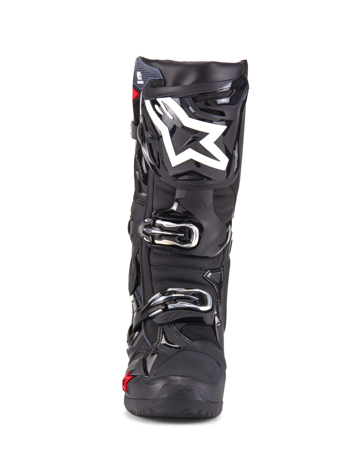 Buty Alpinestars Tech 10 Enduro, buty motocrossowe, czarne, widok z przodu ukazujący białe logo gwiazdy na goleni, srebrne klamry, gładkie czarne wykończenie z wytrzymałymi panelami ochronnymi, wysokiej klasy obuwie do jazdy terenowej