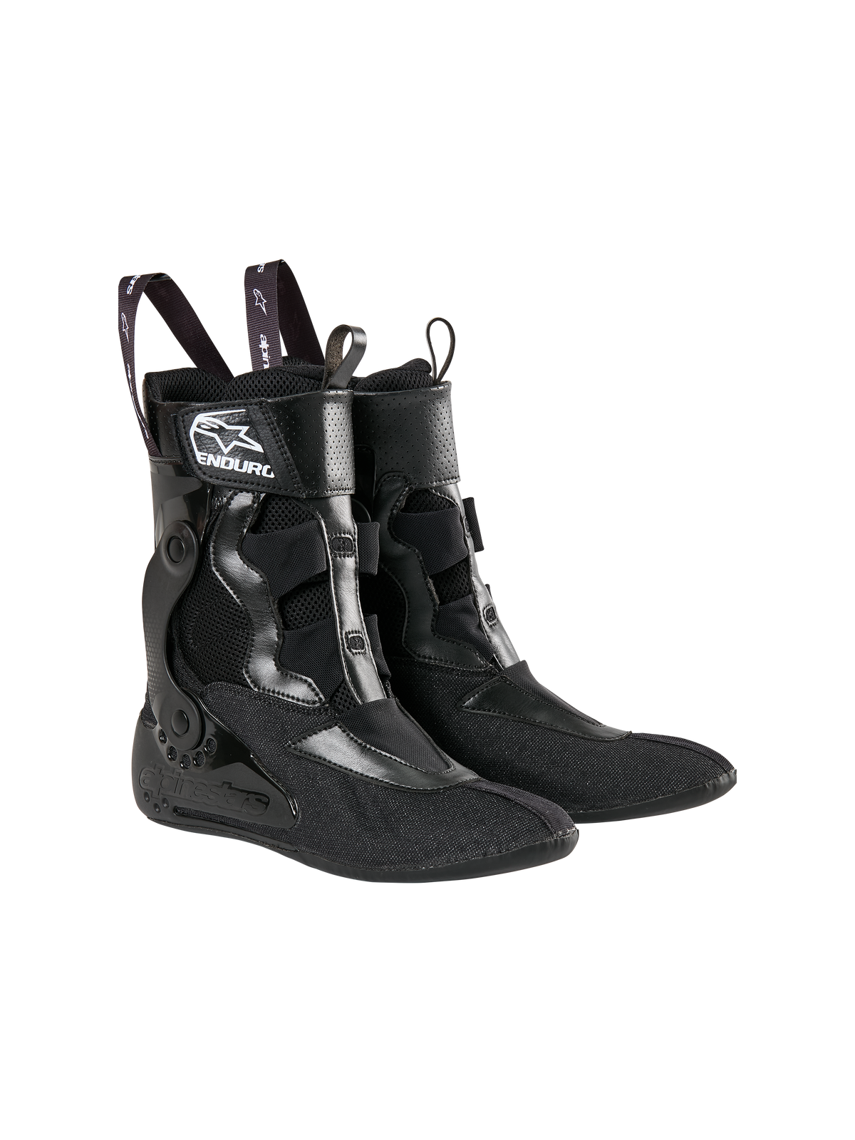 Alpinestars Tech 10 Enduro Inner Booties, Black, breathable mesh with reinforced synthetic sections, features branded pull straps and a white 'Enduro' logo, specialized internal support system for motocross and enduro racing boots.
