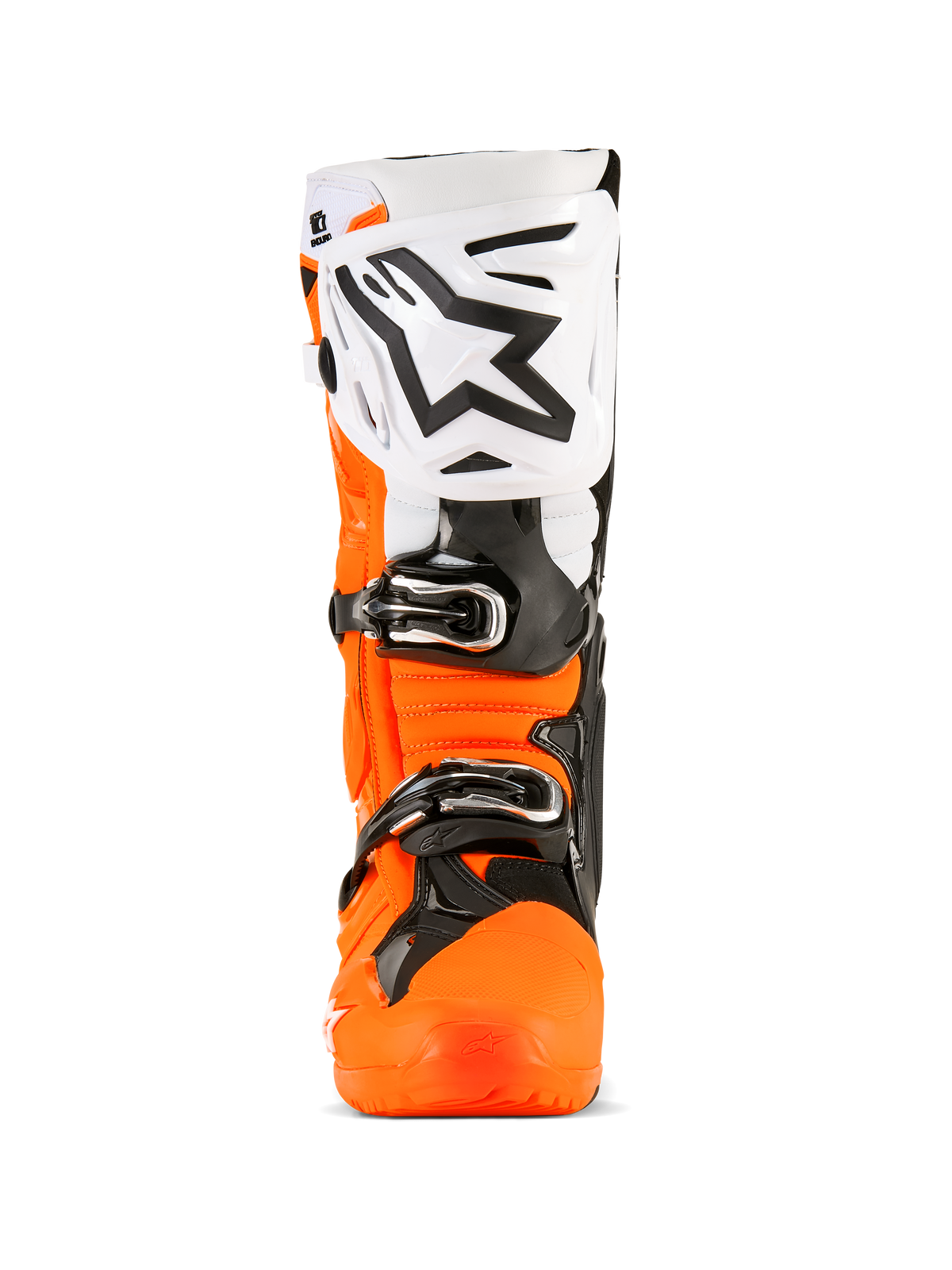 Alpinestars Tech 10 Enduro Boots, Motocross Boots, Orange Fluo Black and White, front view featuring large white shin plate with black Alpinestars logo, black buckles, and rugged orange protective shell