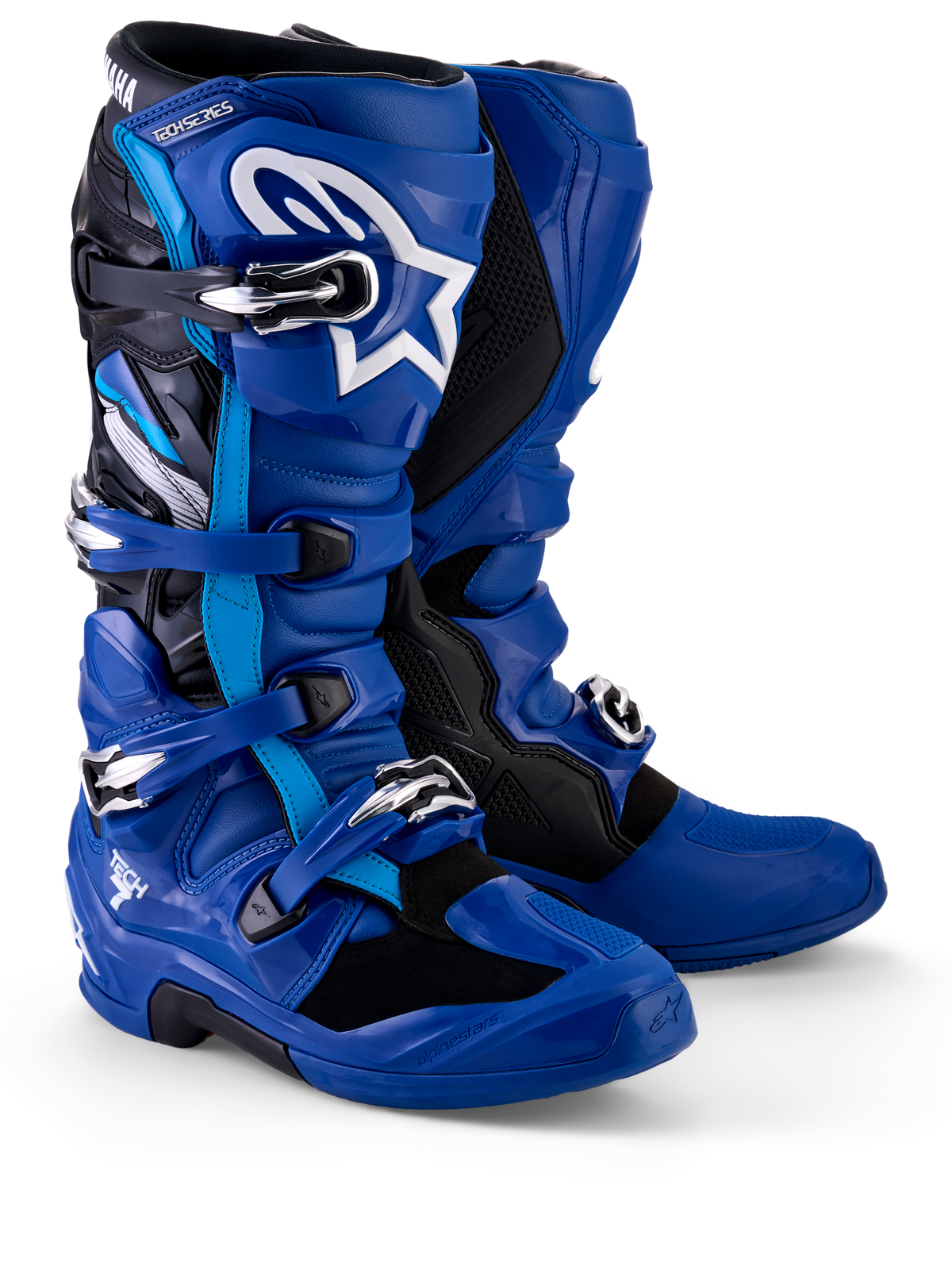 Alpinestars Yamaha Tech 7 Boots, buty motocrossowe, niebiesko-czarno-białe, wyposażone w system zapięć na wiele klamer, ochraniacz goleni TPU z białym logo Astar oraz oznaczenia Yamaha na górnym kołnierzu, zaprojektowane do jazdy terenowej