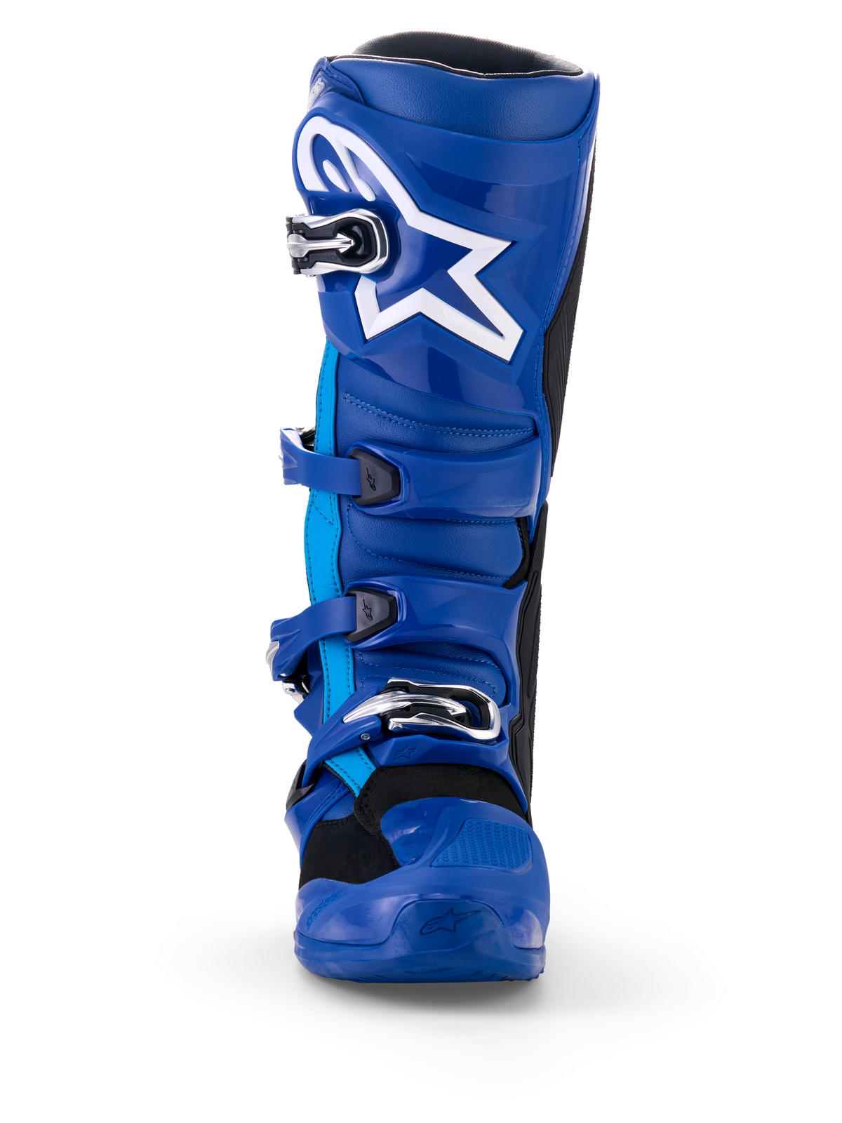 Buty Alpinestars Yamaha Tech 7, buty motocrossowe, niebiesko-białe, widok z przodu, białe logo Astar, srebrny system klamer i wytrzymała powłoka ochronna TPU do wyścigów motocrossowych