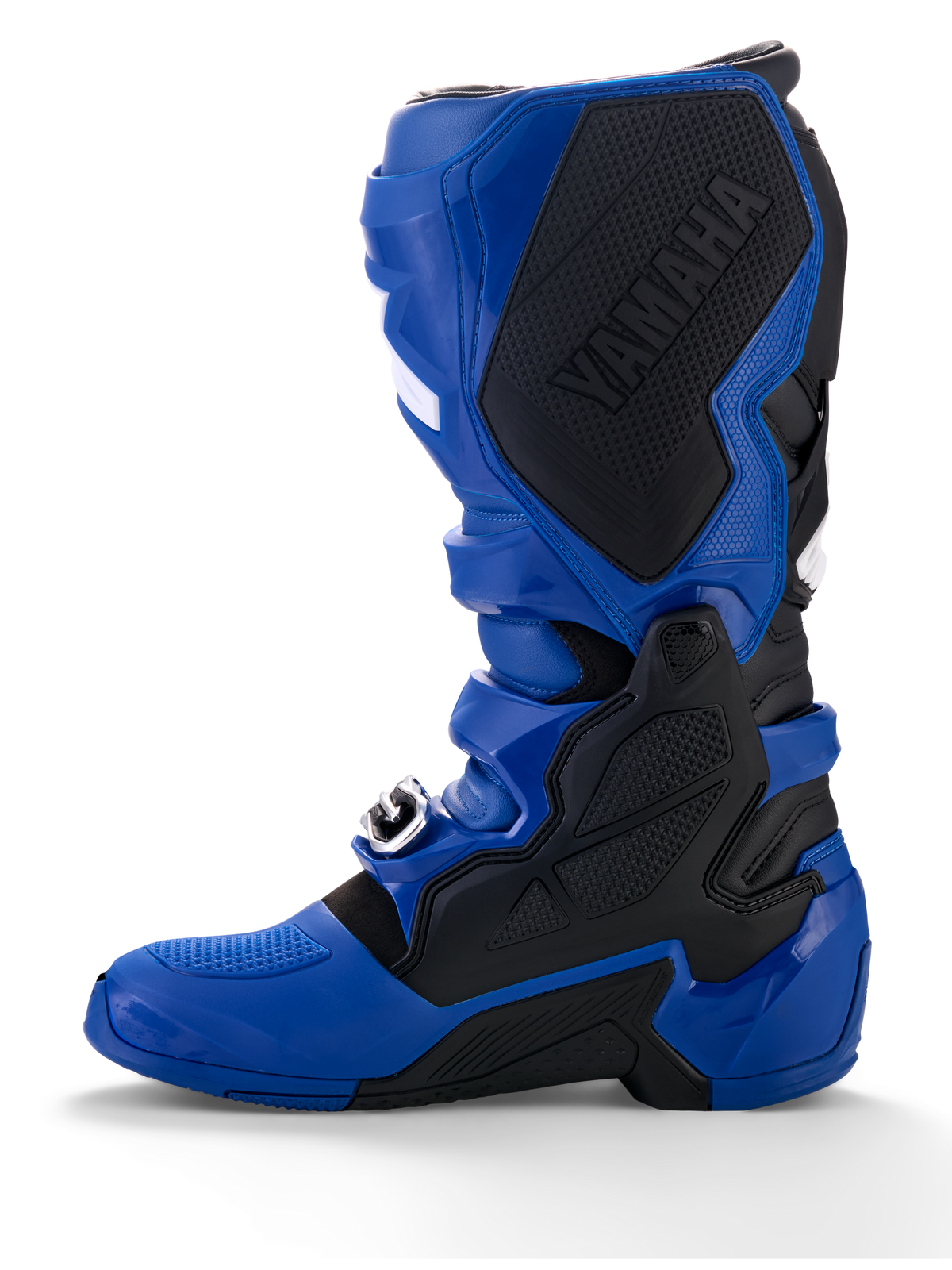 Buty Alpinestars Yamaha Tech 7, buty motocrossowe, niebiesko-czarne, duże czarne logo Yamaha na wewnętrznym panelu, ochrona TPU, wytrzymała podeszwa do jazdy w terenie