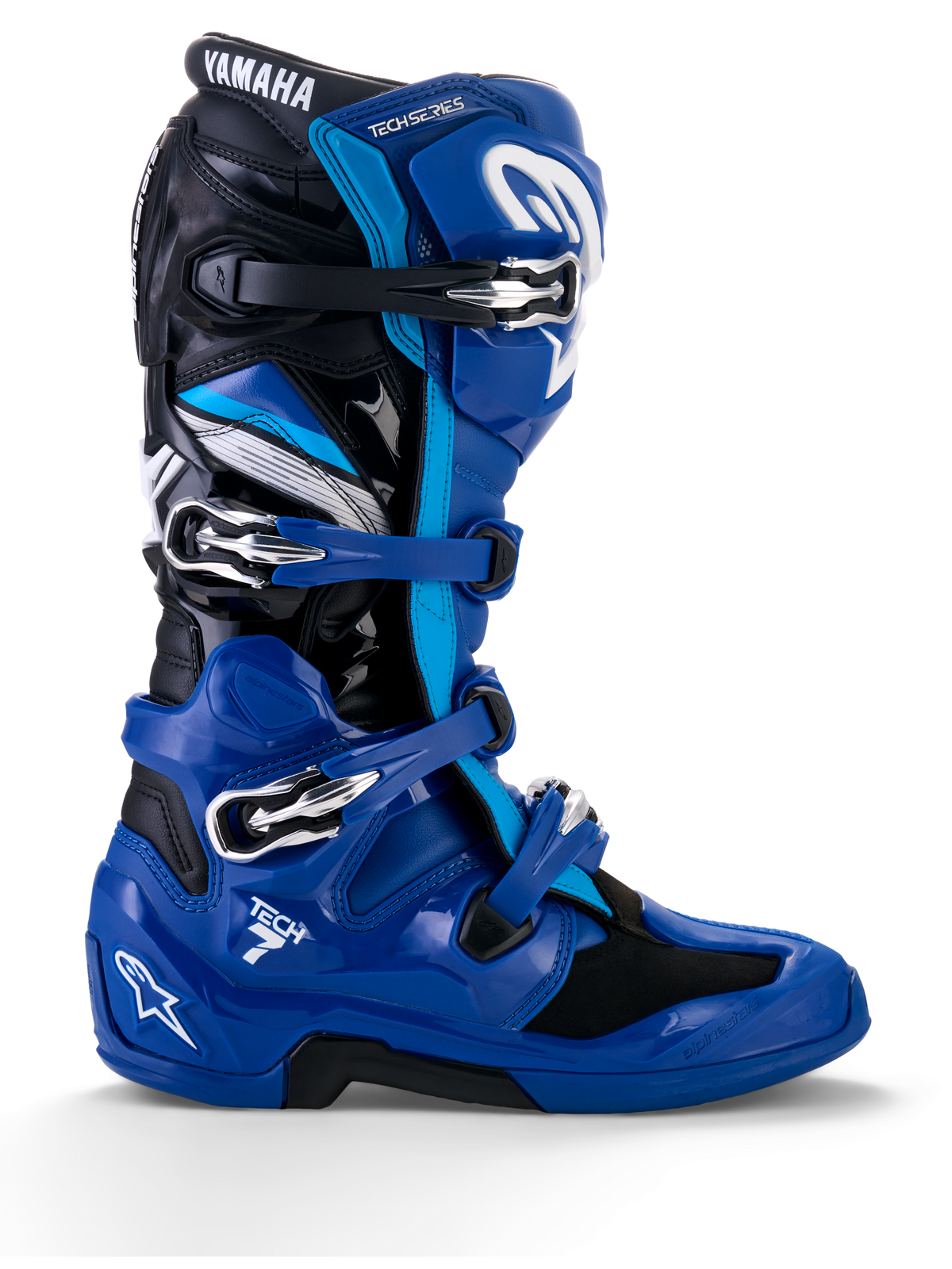 Alpinestars Yamaha Tech 7, buty motocrossowe, niebieskie z czarnymi i białymi akcentami, profil boczny z czterema regulowanymi klamrami, wzmocniona ochrona TPU na goleni i pięcie, wyraźne logo Yamaha oraz wytrzymała podeszwa do jazdy terenowej