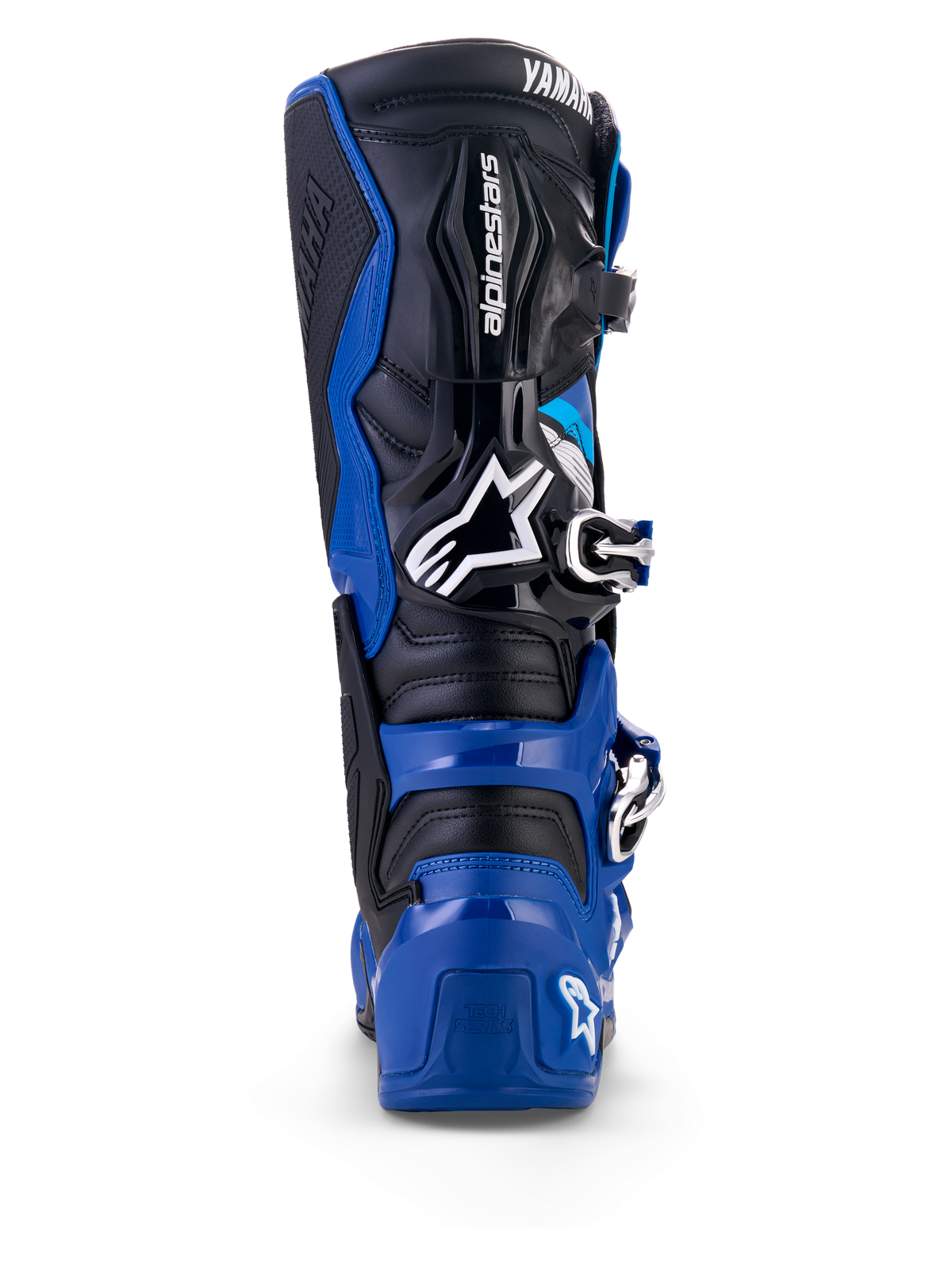 Buty Alpinestars Yamaha Tech 7, widok z tyłu, kolor niebiesko-czarno-biały, ochronna powłoka TPU, przegubowy system kostki, wyraźne logo Alpinestars i Yamaha, zaprojektowane do motocrossu i jazdy off-road
