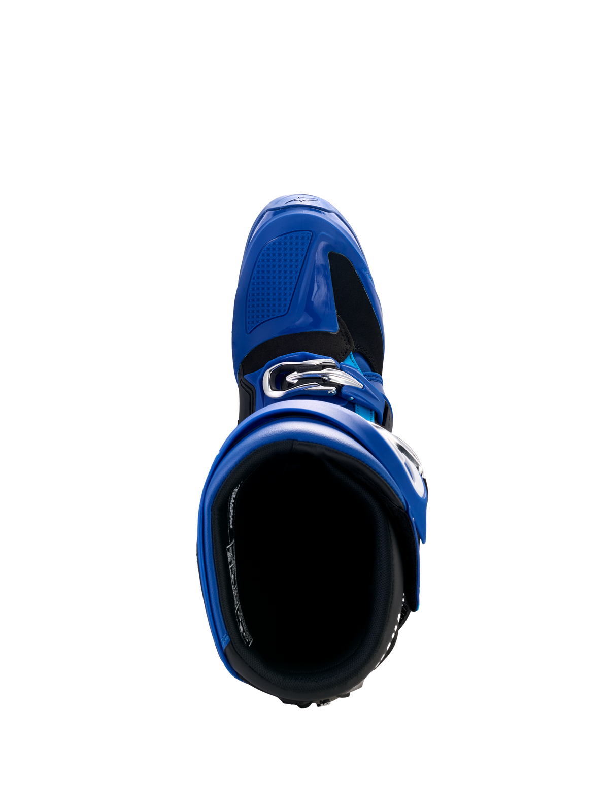Buty Alpinestars Yamaha Tech 7, buty motocrossowe, niebieskie, czarne i białe, widok z góry pokazujący otwór wewnętrzny i system regulowanych klamer, wysokowydajne obuwie ochronne do wyścigów terenowych