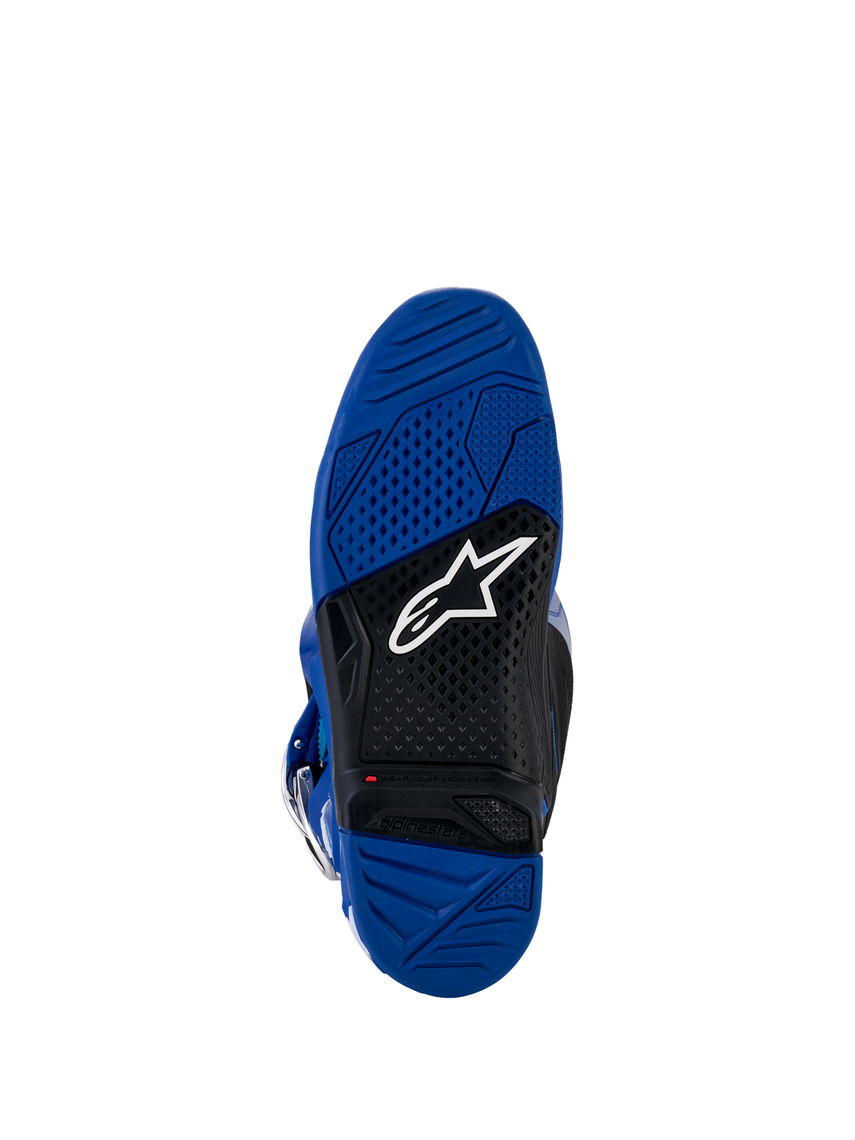 Alpinestars Yamaha Tech 7 Boots, buty motocrossowe, widok niebieskiej i czarnej podeszwy, dwuskładnikowa wulkanizowana gumowa podeszwa zewnętrzna z teksturowanym wzorem przyczepności, białe logo Alpinestars i czerwony wskaźnik limitu zużycia