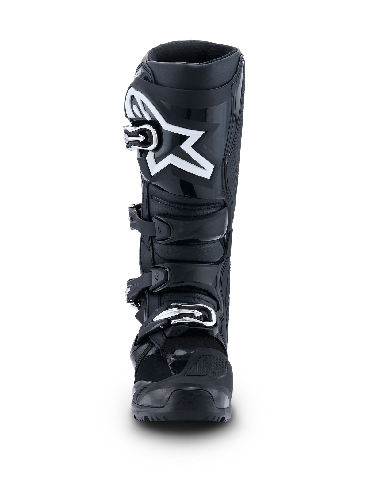 Buty Alpinestars 2026 Tech 7 Enduro, czarno-antracytowo-białe, widok z przodu z wyraźnym białym logo gwiazdy na ochraniaczu goleni, system szybkiego zapinania na cztery klamry i wzmocniona konstrukcja ochronna do jazdy enduro i off-road