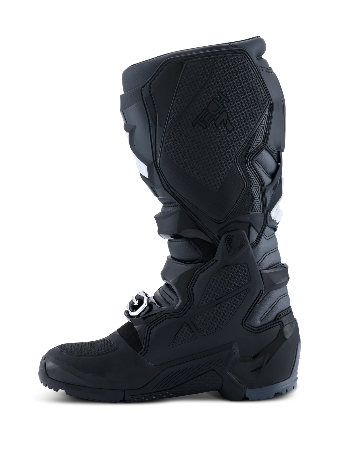 Alpinestars 2026 Tech 7 Enduro Boots, buty motocrossowe i enduro, czarno-antracytowo-białe, widok od strony wewnętrznej pokazujący teksturowany panel TPU zapewniający kontakt z motocyklem, wytrzymałą dwuskładnikową podeszwę i trwałą konstrukcję z mikrofibry.