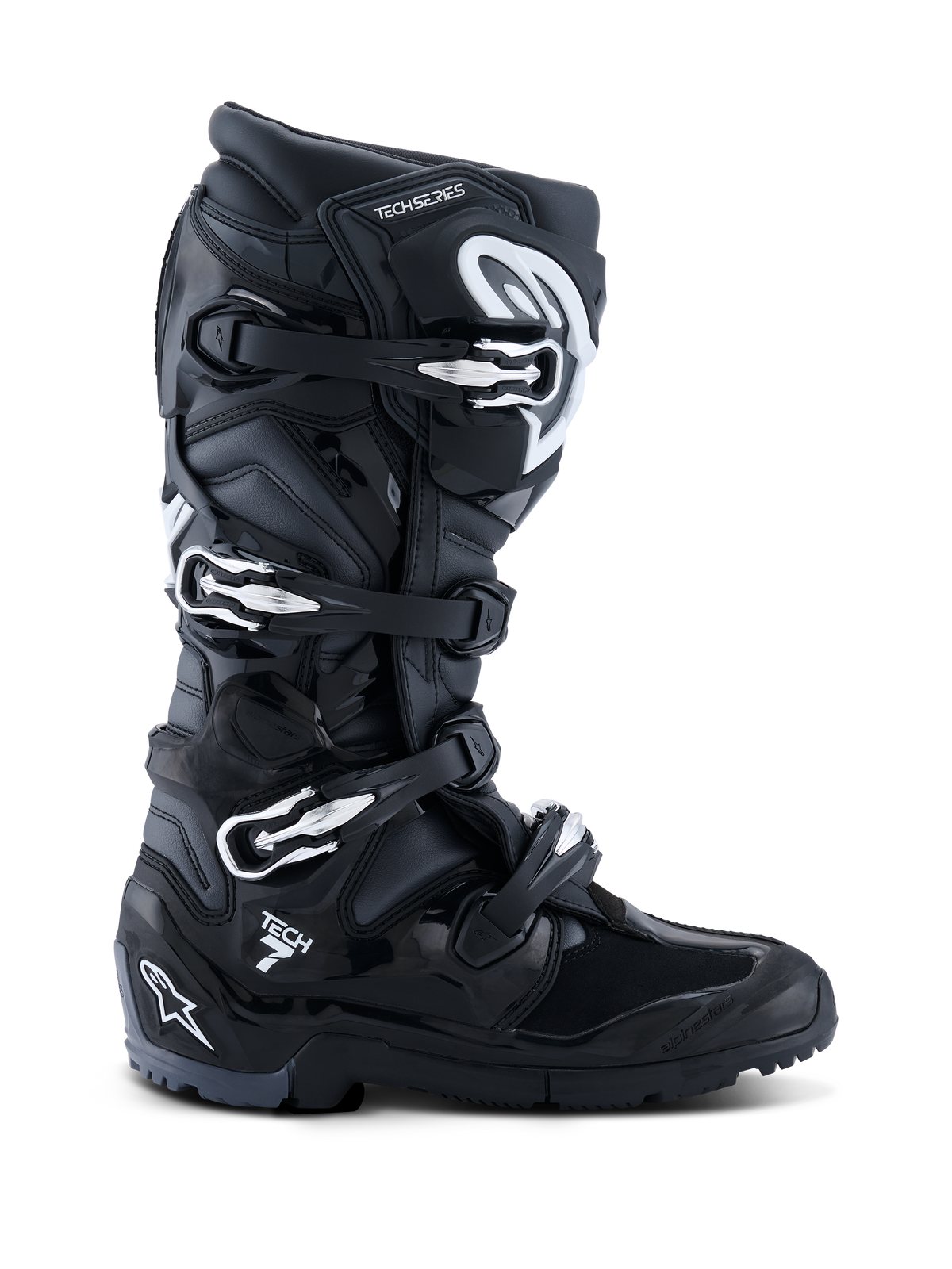 Alpinestars 2026 Tech 7 Enduro Boots, czarno-antracytowo-białe, specjalistyczne buty motocyklowe off-road z systemem czterech klamer, wytrzymałą cholewką z mikrofibry wzmocnionej PU i solidną, profilowaną podeszwą do terenu enduro, smukły design z wyraźnym brandingiem Tech 7 na pięcie.