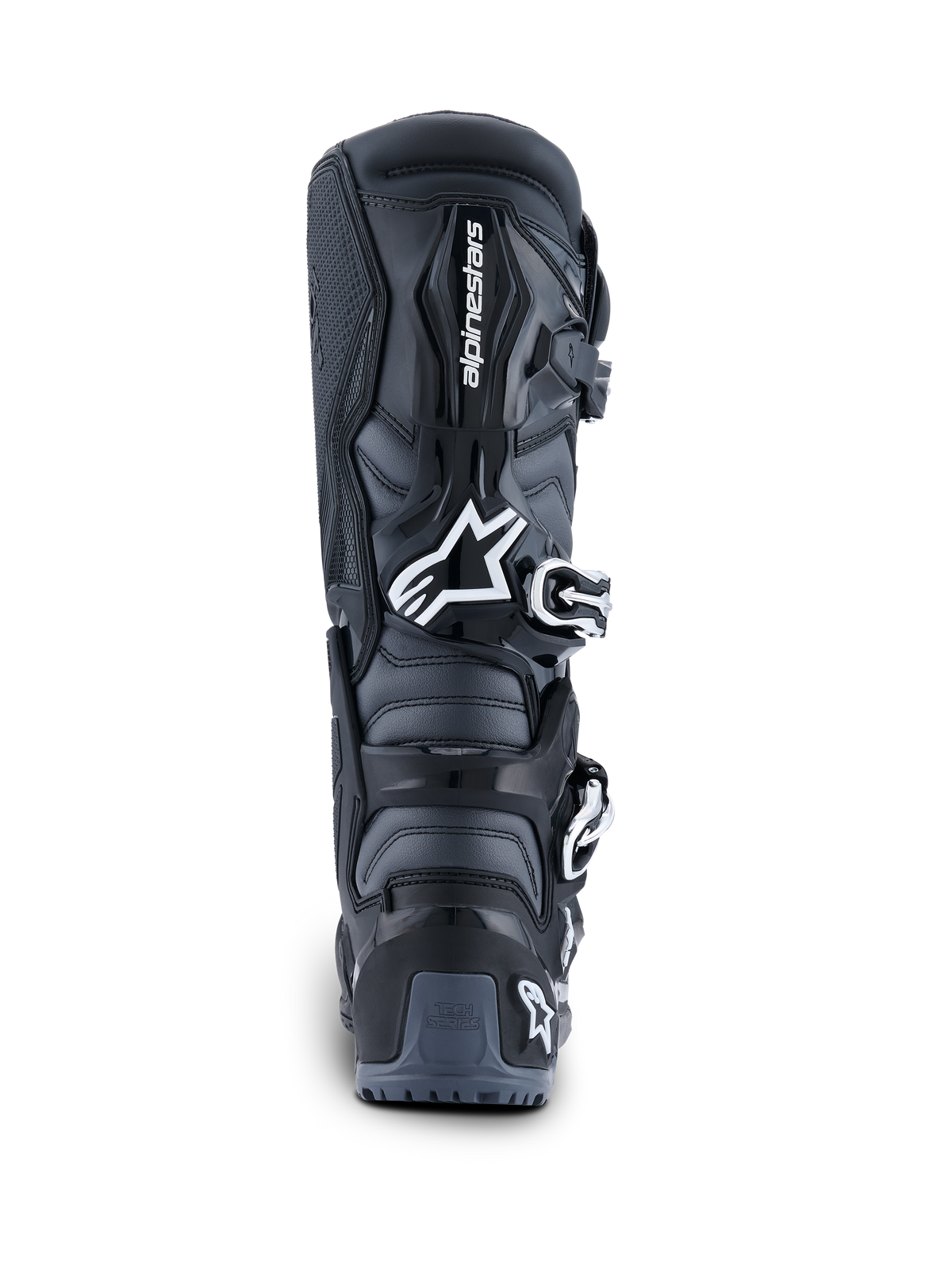 Buty Alpinestars 2026 Tech 7 Enduro, widok z tyłu, czarno-antracytowe i białe, buty motocyklowe off-road z białym logo Astar, systemem zapięcia na klamry i ochroną pięty TPU