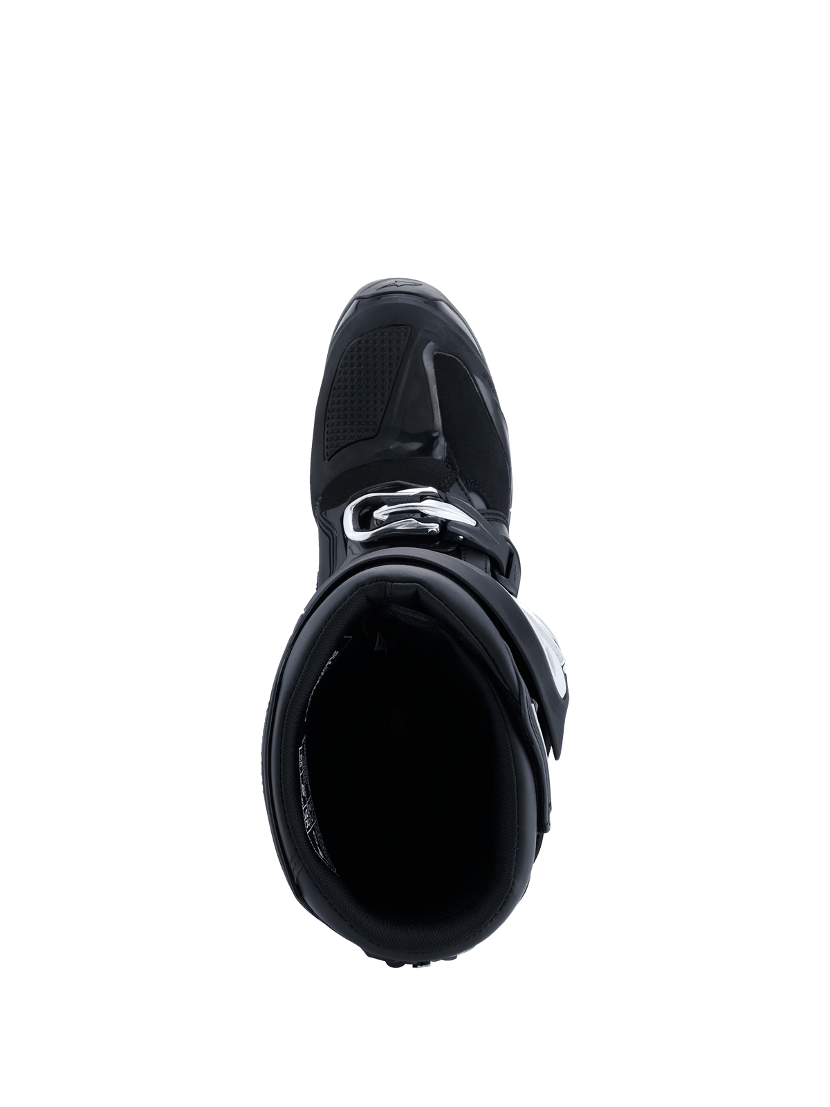 Alpinestars 2026 Tech 7 Enduro Boots, buty motocyklowe off-road, czarno-antracytowo-białe, widok z góry do wnętrza buta, pokazujący wyściełaną wyściółkę i system zapięcia na klamry, wytrzymała konstrukcja ochronna do jazdy enduro