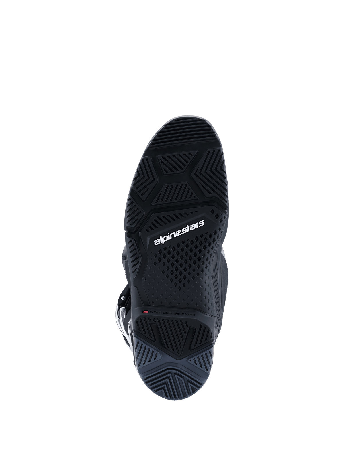 Alpinestars 2026 Tech 7 Enduro Boots, buty enduro, czarno-antracytowo-białe, widok od spodu przedstawiający specjalistyczną dwuskładnikową podeszwę Enduro, skomplikowany wzór bieżnika dla przyczepności w terenie, białe logo Alpinestars i wskaźnik zużycia