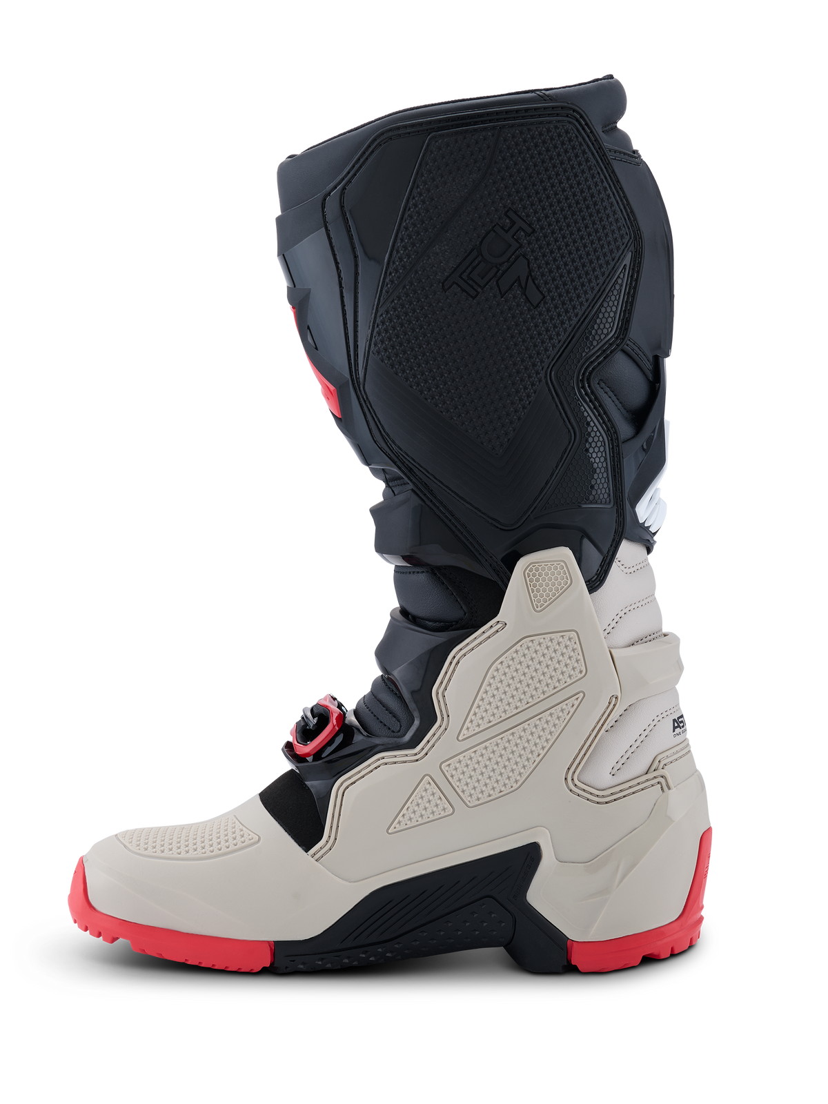 Alpinestars 2026 Tech 7 Enduro Boots, Off-Road Motorcycle Boots, Black Light Gray and Bright Red, profile view showing TPU protection panels, self-aligning buckle system, and rugged red dual-compound sole for enduro riding