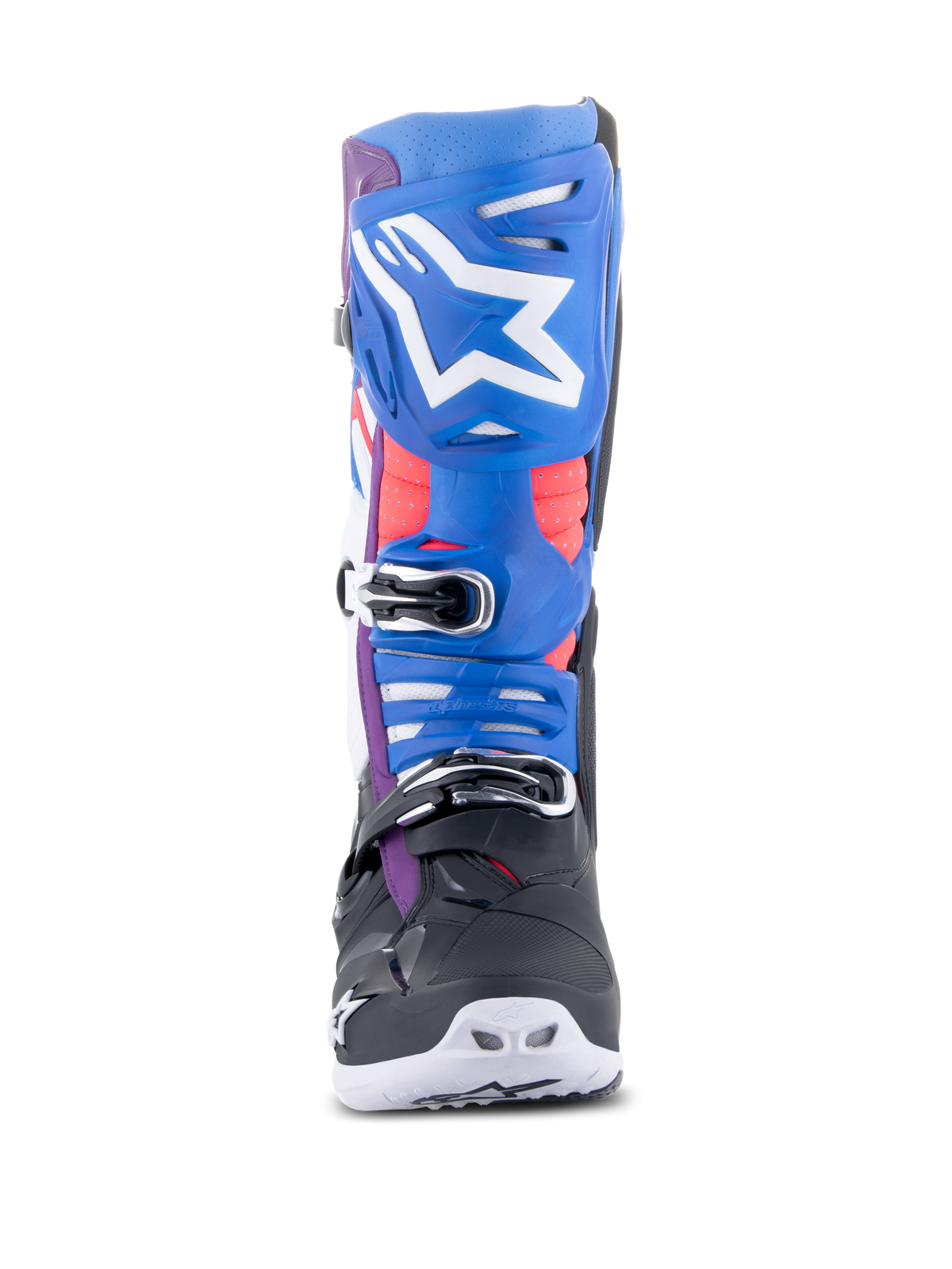 Alpinestars Tech 10 Supervented Boots, buty motocrossowe, czarne z niebieskimi, fioletowymi i białymi akcentami, widok z przodu z niebieskim ochraniaczem piszczeli i białym logo gwiazdy, chromowane klamry i wentylowana konstrukcja do wyścigów off-road.